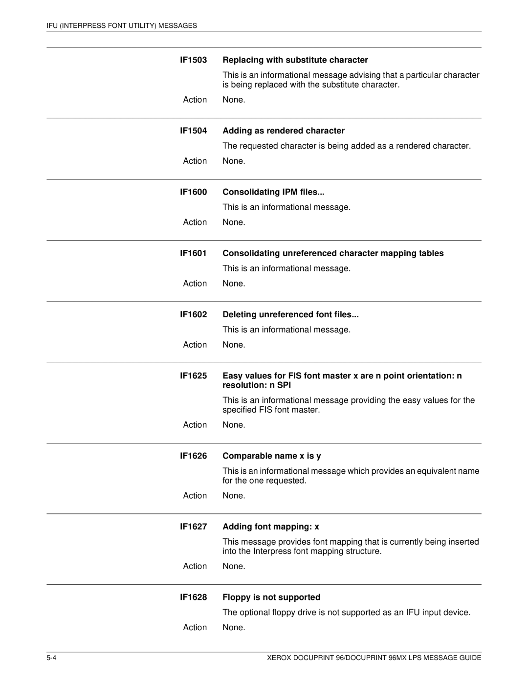 Xerox DocuPrint 96MX manual IF1503 Replacing with substitute character, IF1504 Adding as rendered character 