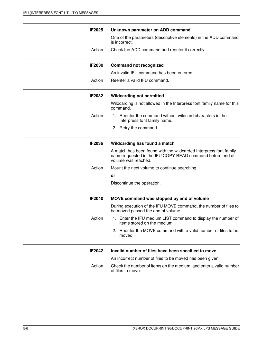 Xerox DocuPrint 96MX manual IF2025 Unknown parameter on ADD command, IF2030 Command not recognized 