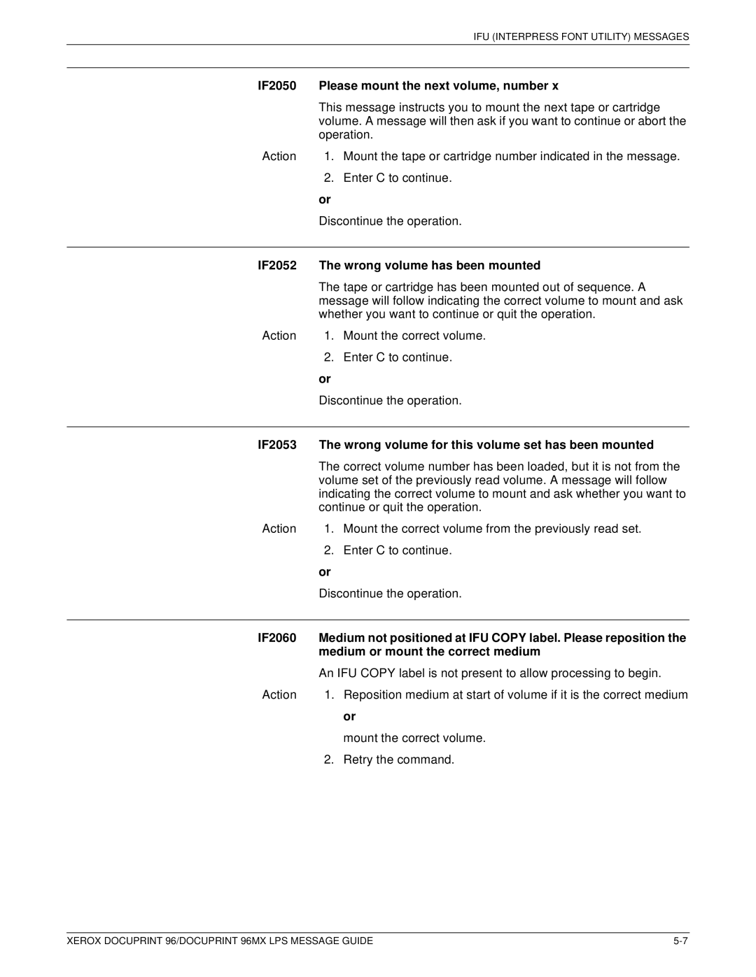 Xerox DocuPrint 96MX manual IF2050 Please mount the next volume, number, IF2052 Wrong volume has been mounted, IF2060 