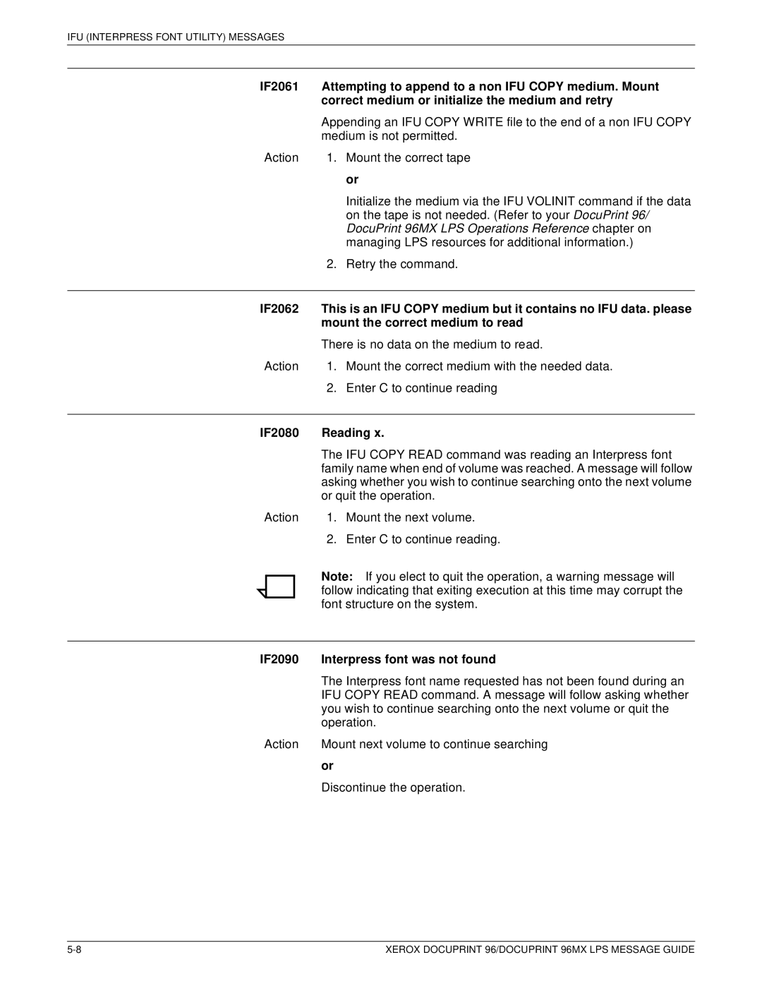 Xerox DocuPrint 96MX manual IF2080 Reading, IF2090 Interpress font was not found 