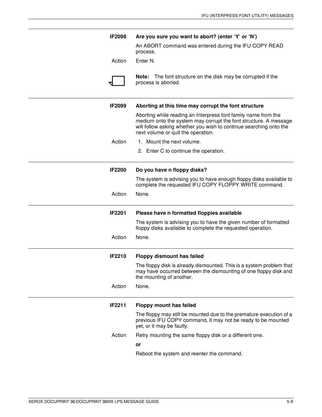Xerox DocuPrint 96MX manual IF2098 Are you sure you want to abort? enter ‘Y’ or ‘N’, IF2200 Do you have n floppy disks? 