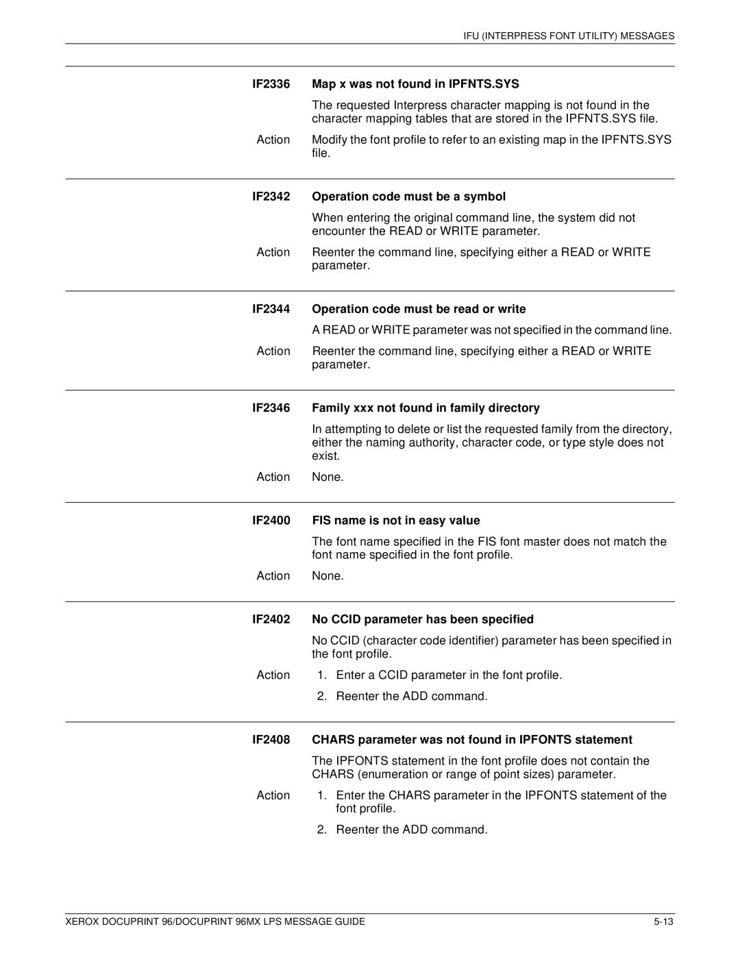 Xerox DocuPrint 96MX manual IF2336 Map x was not found in IPFNTS.SYS, IF2342 Operation code must be a symbol 