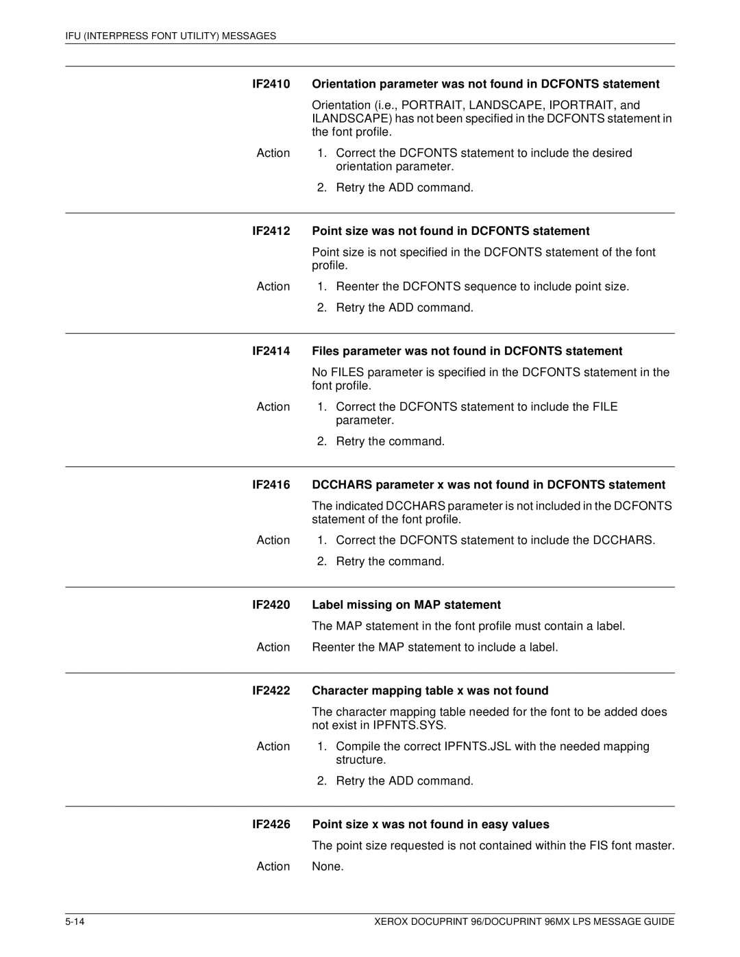 Xerox DocuPrint 96MX manual IF2412 Point size was not found in Dcfonts statement, IF2420 Label missing on MAP statement 