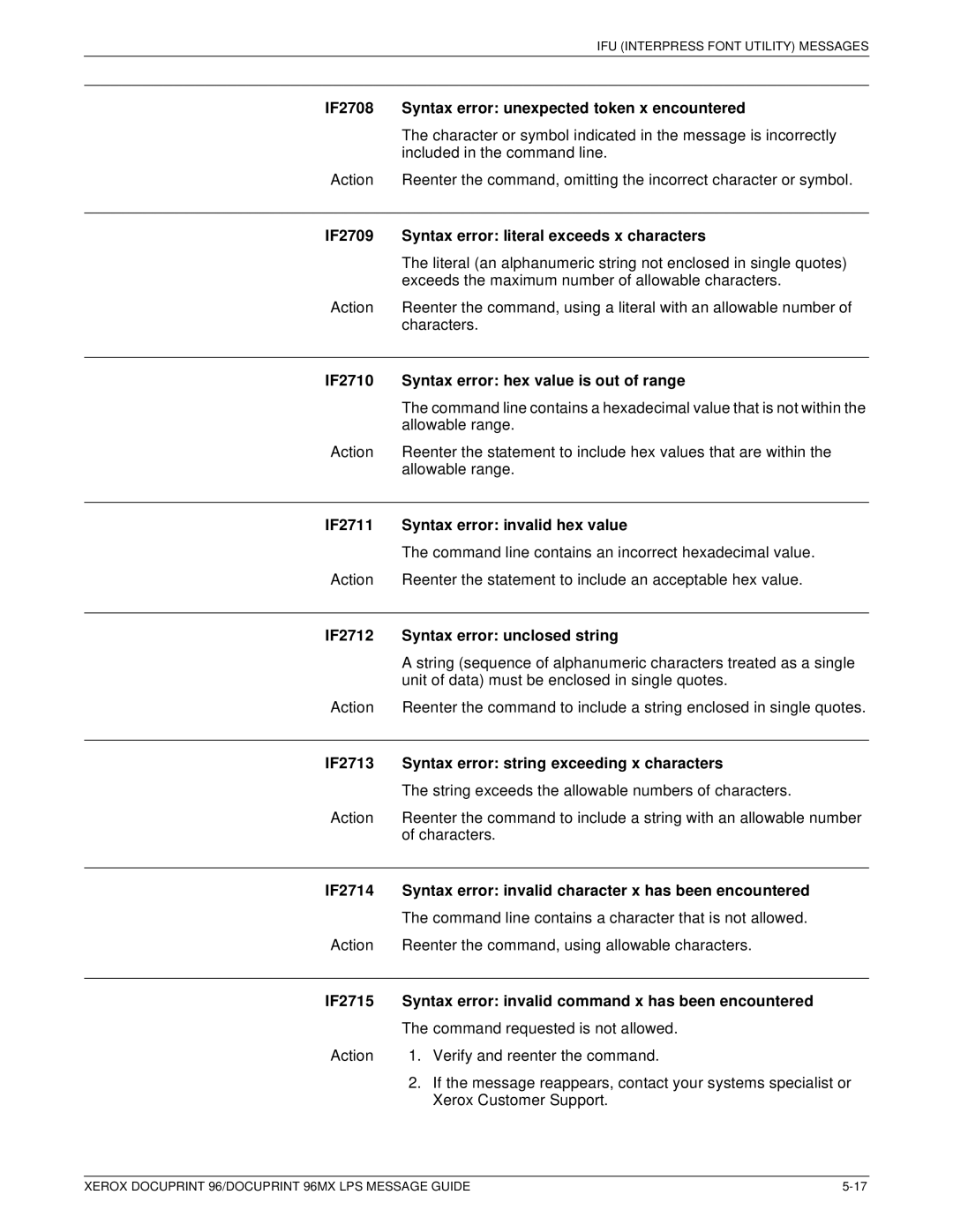 Xerox DocuPrint 96MX IF2708 Syntax error unexpected token x encountered, IF2709 Syntax error literal exceeds x characters 