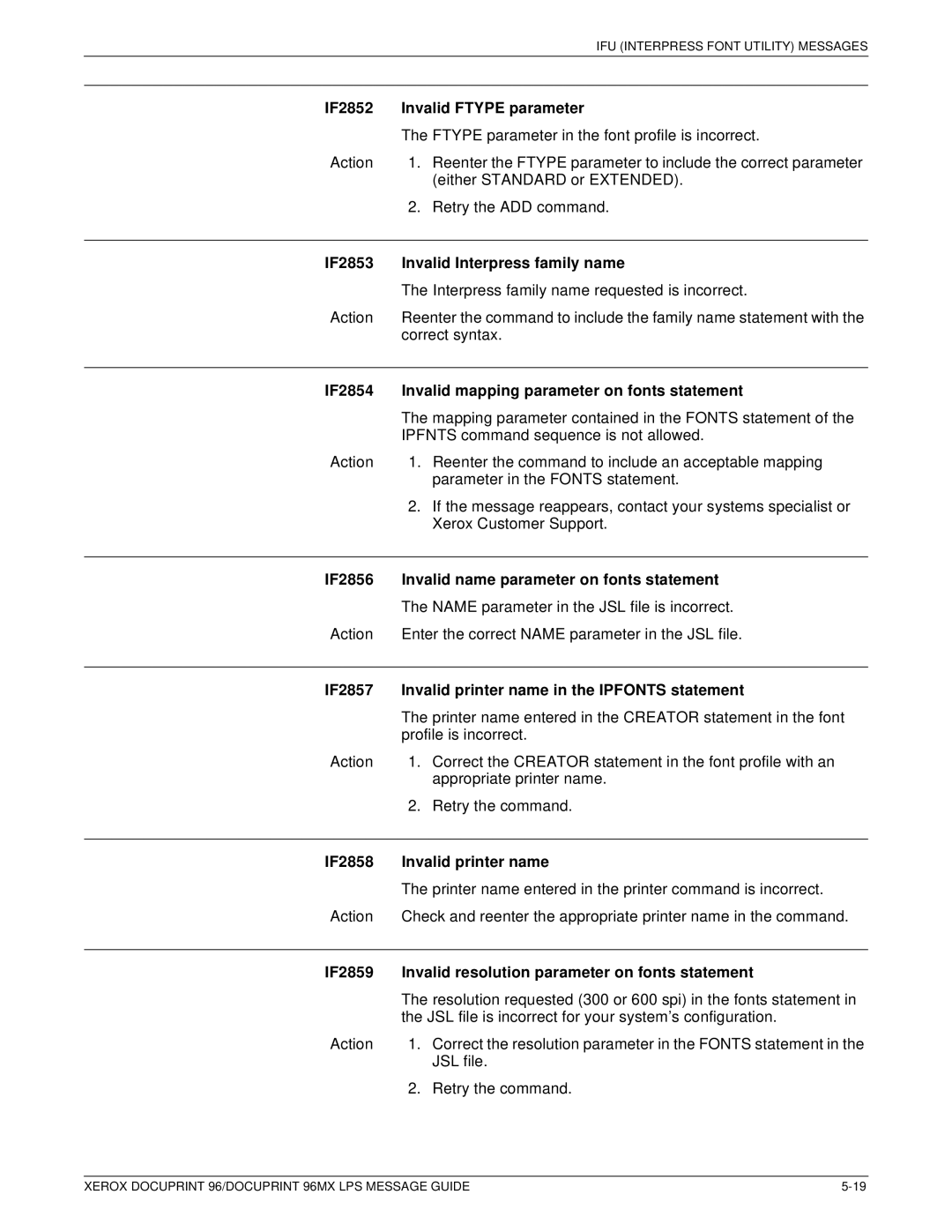 Xerox DocuPrint 96MX IF2852 Invalid Ftype parameter, IF2853 Invalid Interpress family name, IF2858 Invalid printer name 