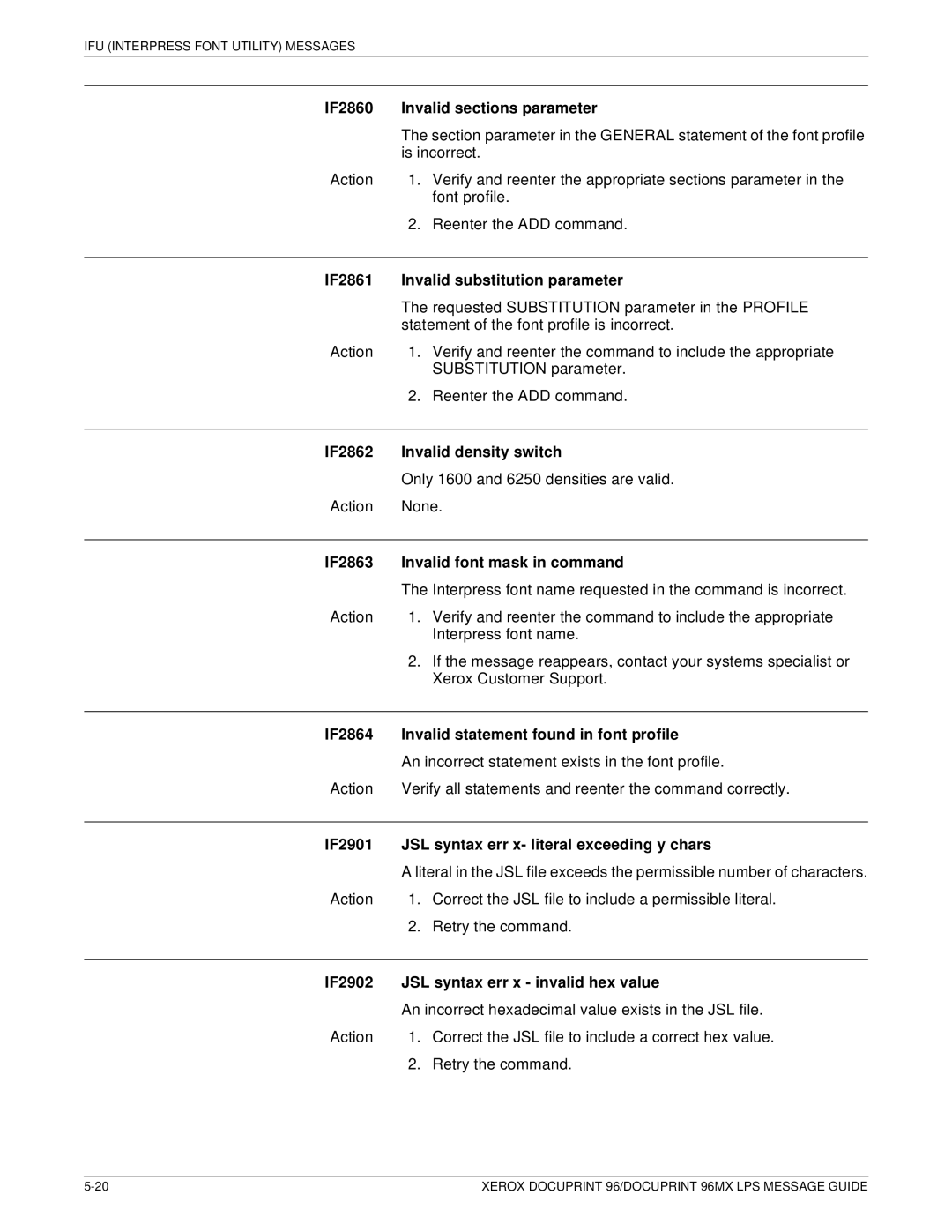 Xerox DocuPrint 96MX manual IF2860 Invalid sections parameter, IF2861 Invalid substitution parameter 