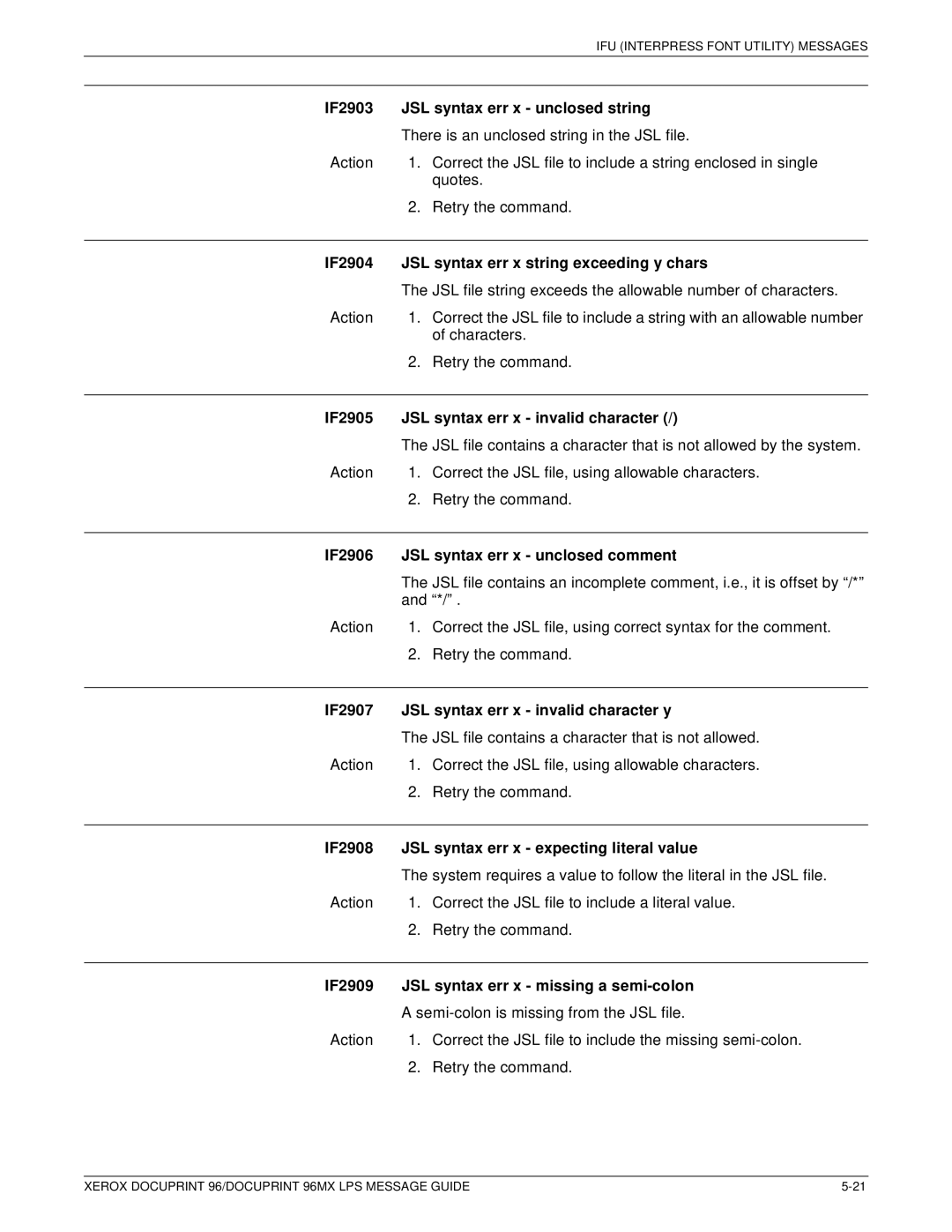 Xerox DocuPrint 96MX manual IF2903 JSL syntax err x unclosed string, IF2904 JSL syntax err x string exceeding y chars 