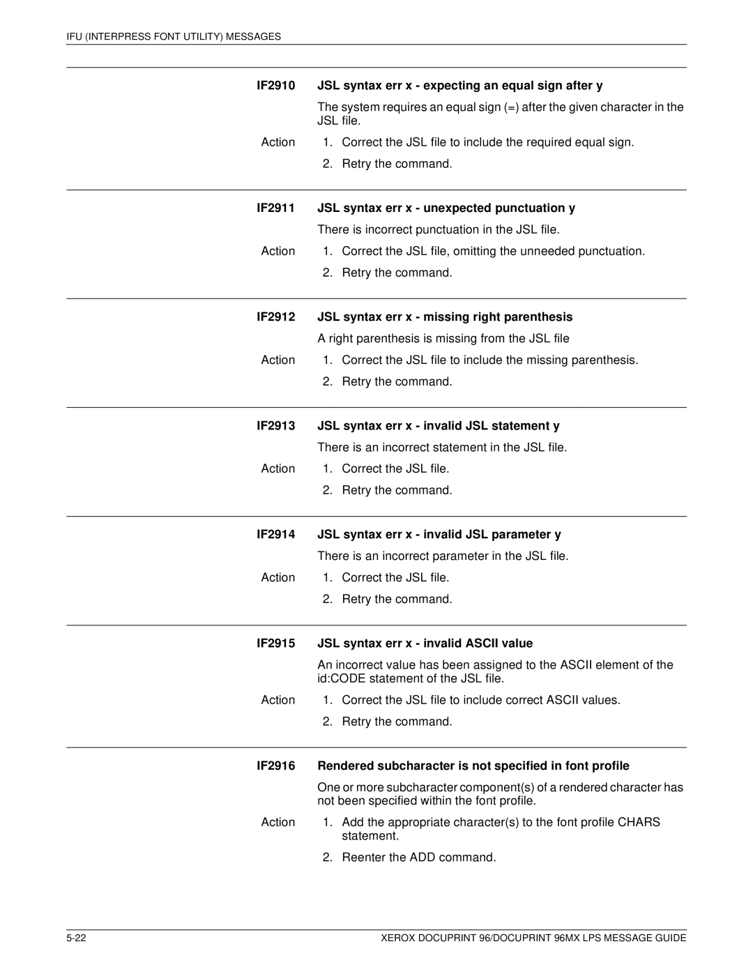 Xerox DocuPrint 96MX IF2910 JSL syntax err x expecting an equal sign after y, IF2915 JSL syntax err x invalid Ascii value 