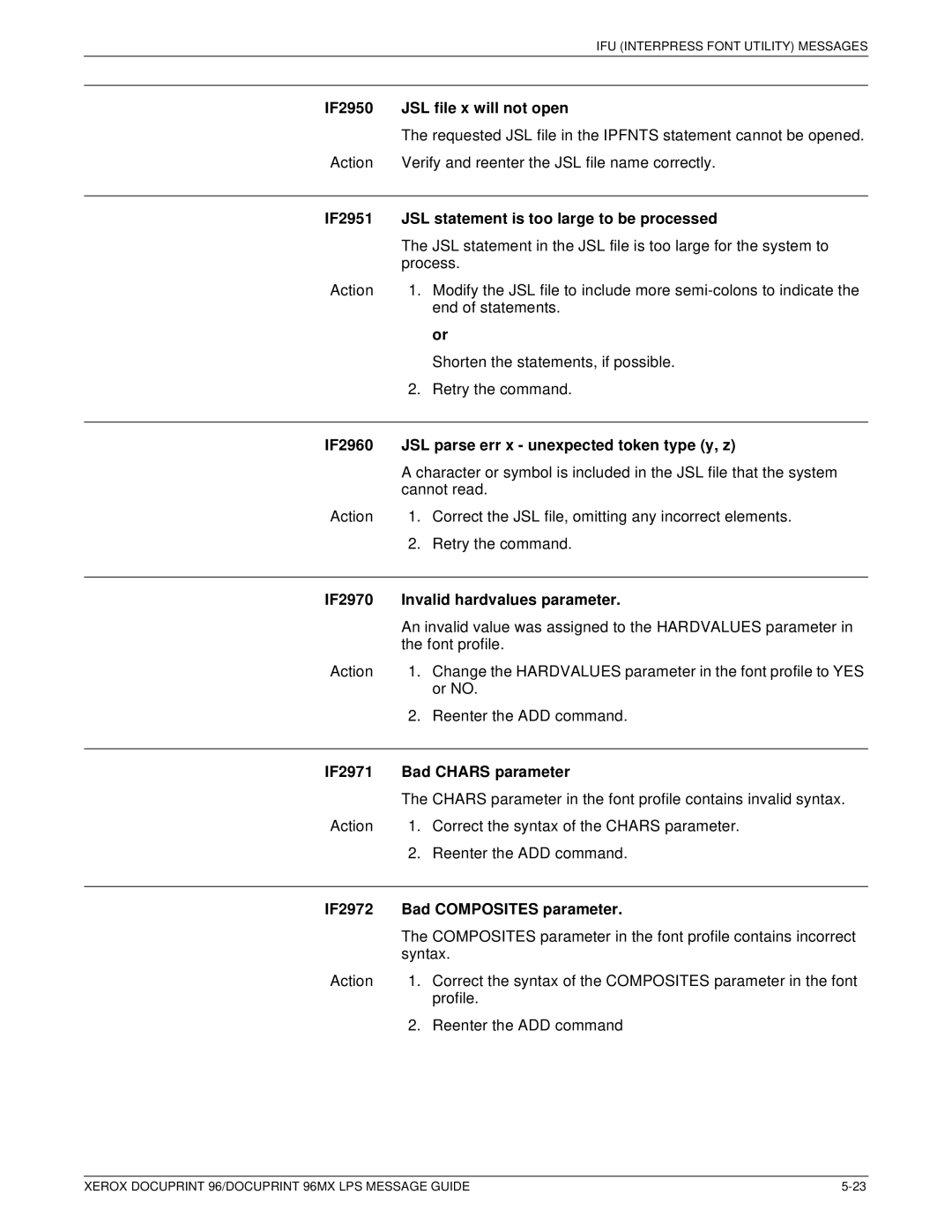 Xerox DocuPrint 96MX manual IF2950 JSL file x will not open, IF2951 JSL statement is too large to be processed 