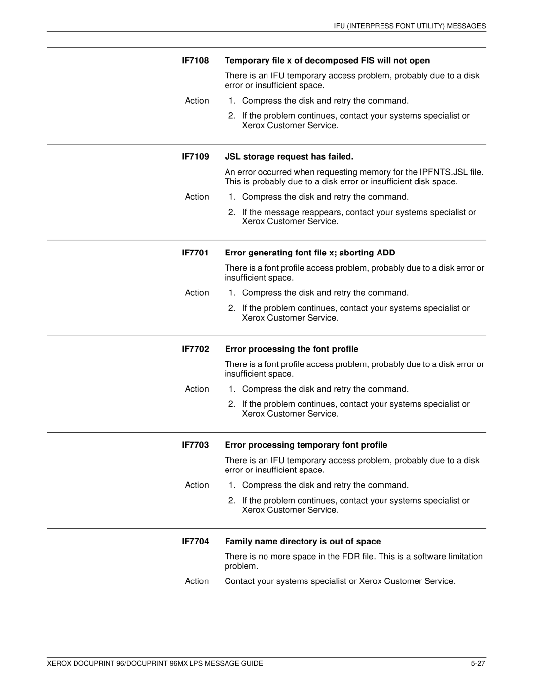 Xerox DocuPrint 96MX manual IF7108 Temporary file x of decomposed FIS will not open, IF7109 JSL storage request has failed 