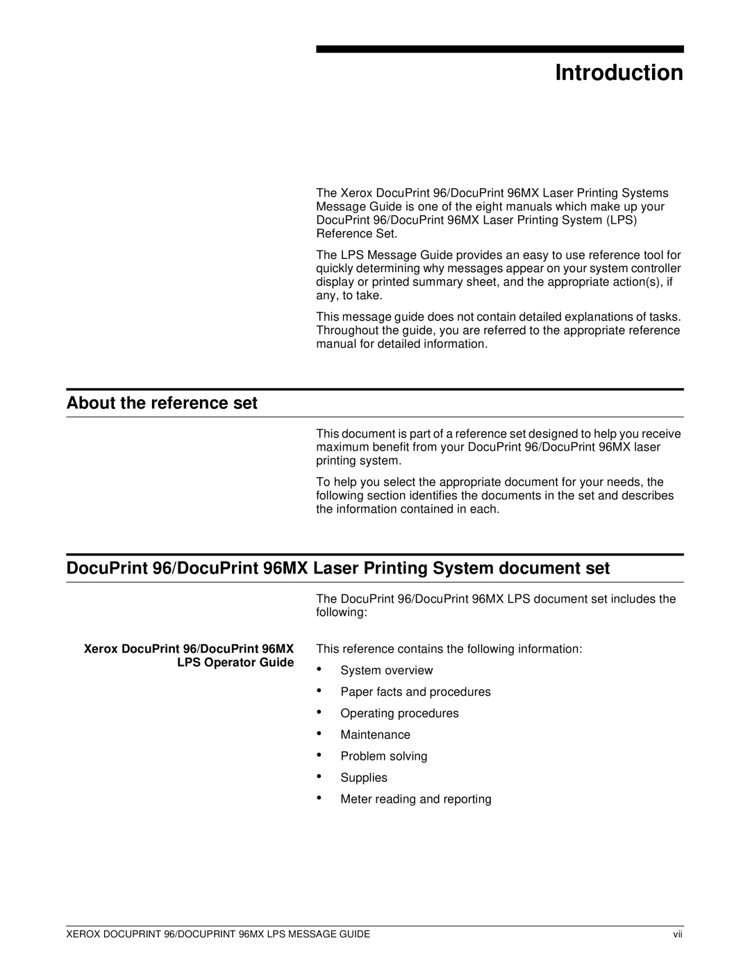 Xerox manual Introduction, About the reference set, Xerox DocuPrint 96/DocuPrint 96MX LPS Operator Guide 