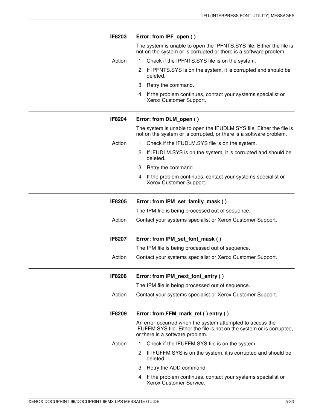 Xerox DocuPrint 96MX manual IF8203 Error from IPFopen, IF8204 Error from DLMopen, IF8205 Error from IPMsetfamilymask 