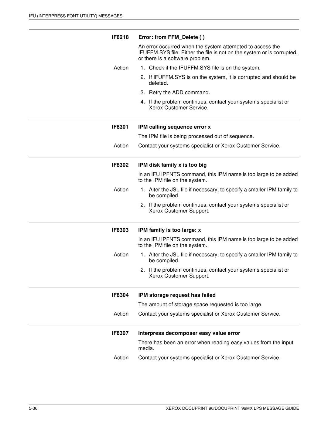 Xerox DocuPrint 96MX IF8218 Error from FFMDelete, IF8301 IPM calling sequence error, IF8302 IPM disk family x is too big 