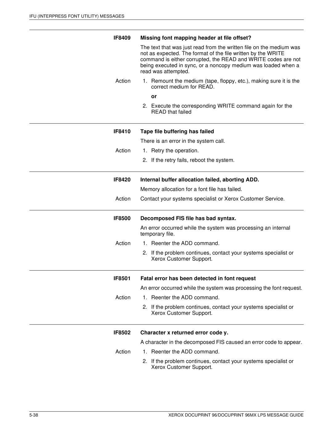 Xerox DocuPrint 96MX manual IF8409 Missing font mapping header at file offset?, IF8410 Tape file buffering has failed 