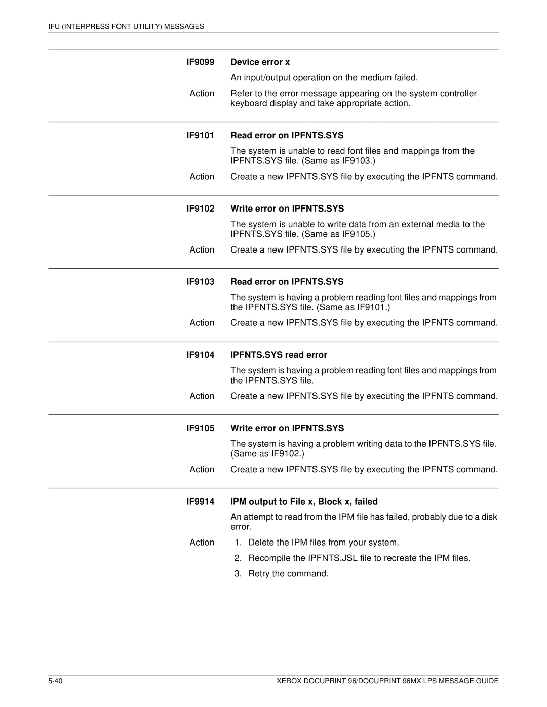 Xerox DocuPrint 96MX manual IF9099 Device error, IF9101 Read error on IPFNTS.SYS, IF9102 Write error on IPFNTS.SYS 