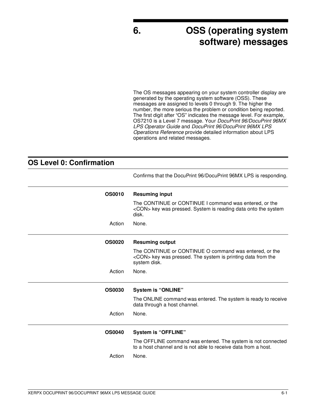 Xerox DocuPrint 96MX manual OSS operating system software messages, OS Level 0 Confirmation 