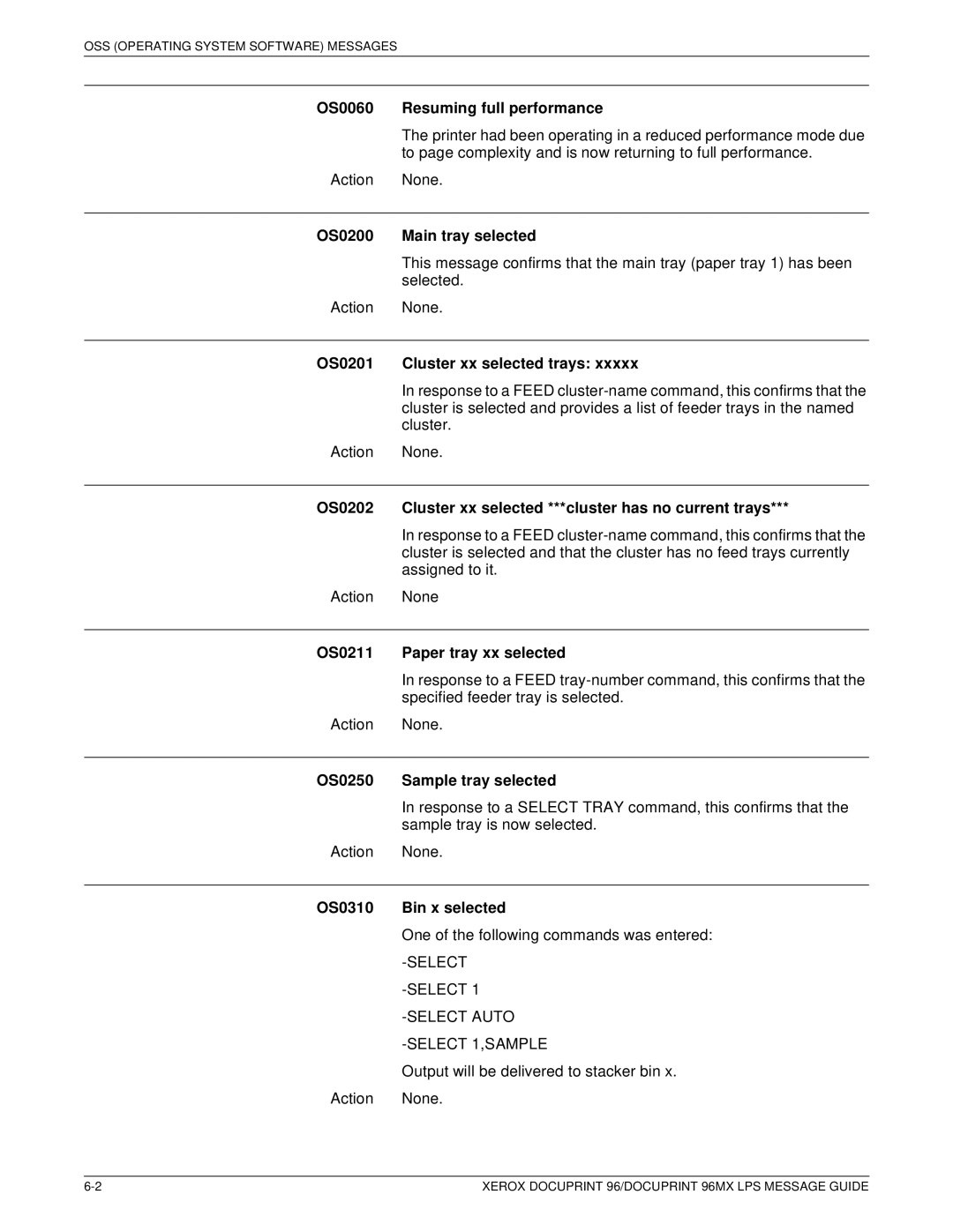 Xerox DocuPrint 96MX manual OS0060 Resuming full performance, OS0200 Main tray selected, OS0201 Cluster xx selected trays 