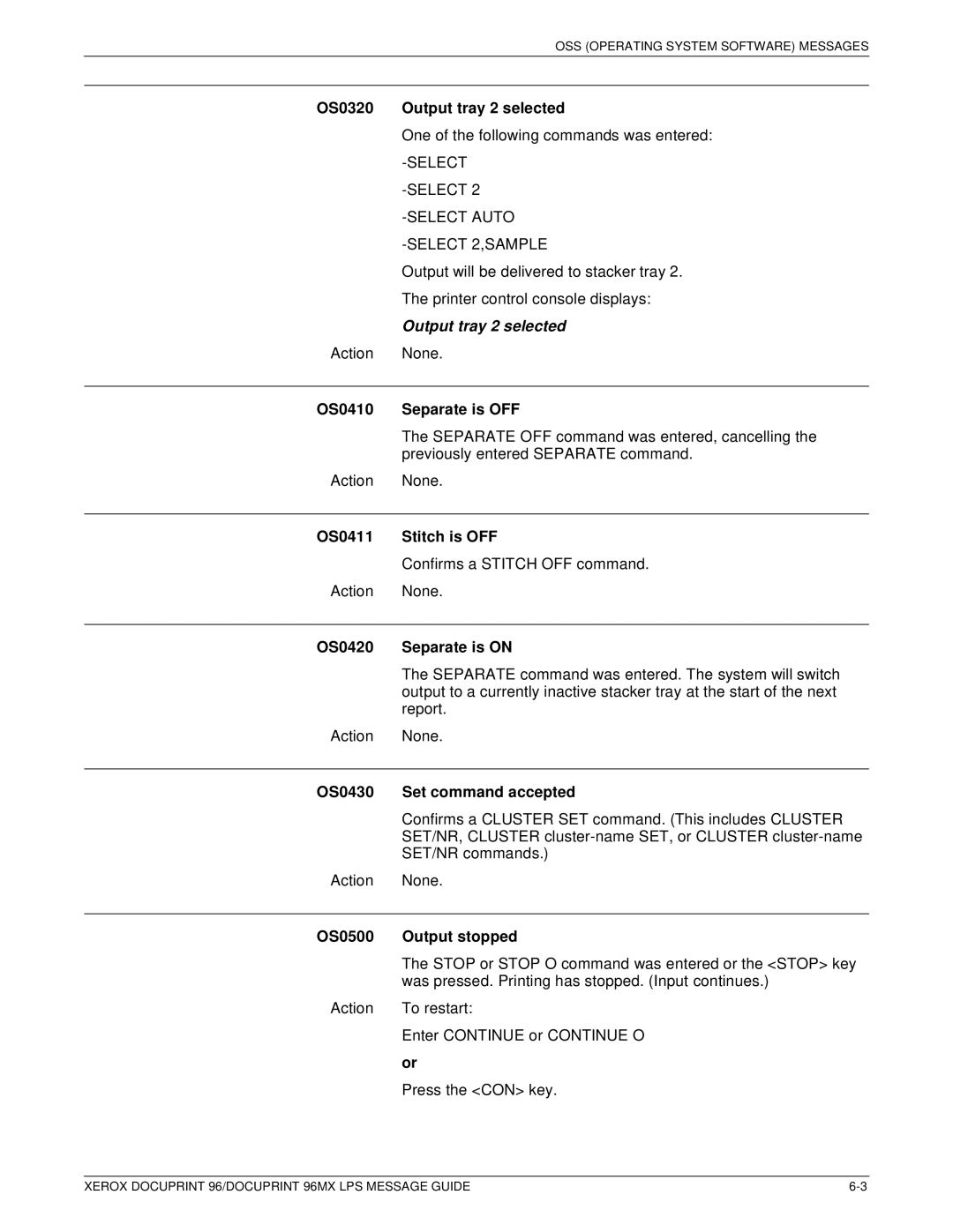 Xerox DocuPrint 96MX OS0320 Output tray 2 selected, OS0410 Separate is OFF, OS0411 Stitch is OFF, OS0420 Separate is on 