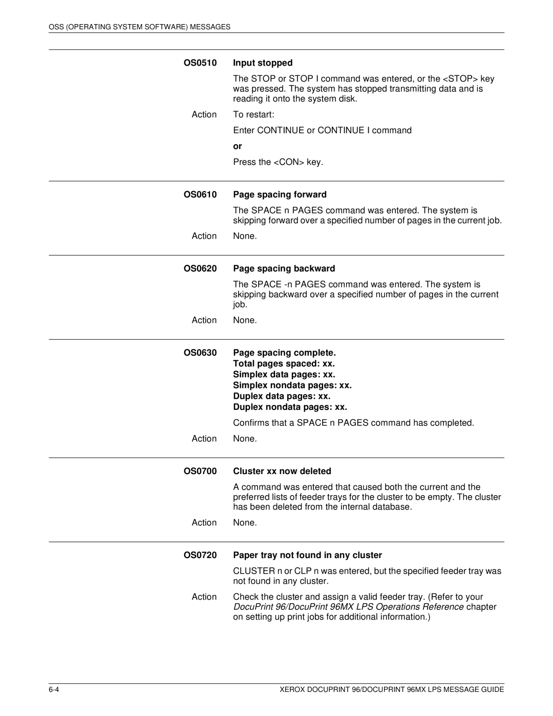 Xerox DocuPrint 96MX OS0510 Input stopped, OS0610 Spacing forward, OS0620 Spacing backward, OS0700 Cluster xx now deleted 