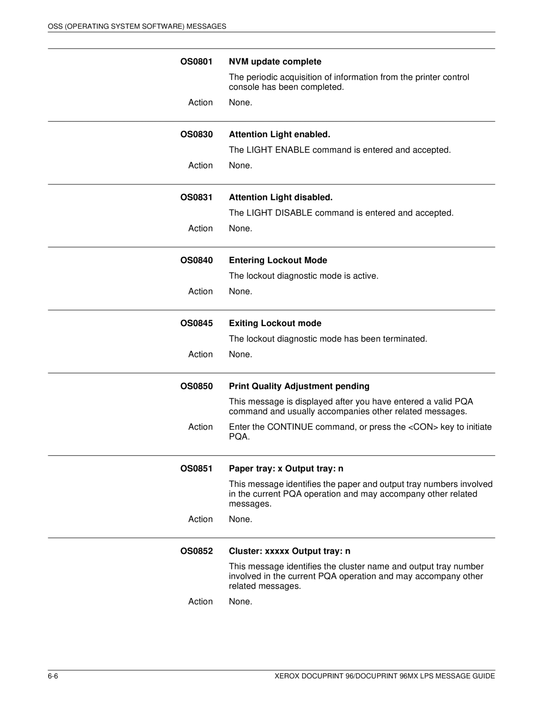 Xerox DocuPrint 96MX manual OS0801 NVM update complete, OS0830 Attention Light enabled, OS0831 Attention Light disabled 