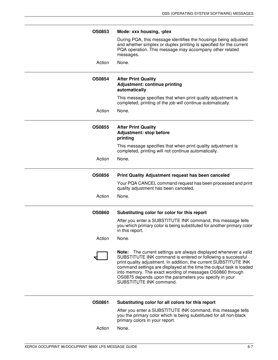 Xerox DocuPrint 96MX manual OS0853 Mode xxx housing, -plex, OS0855 After Print Quality Adjustment stop before printing 