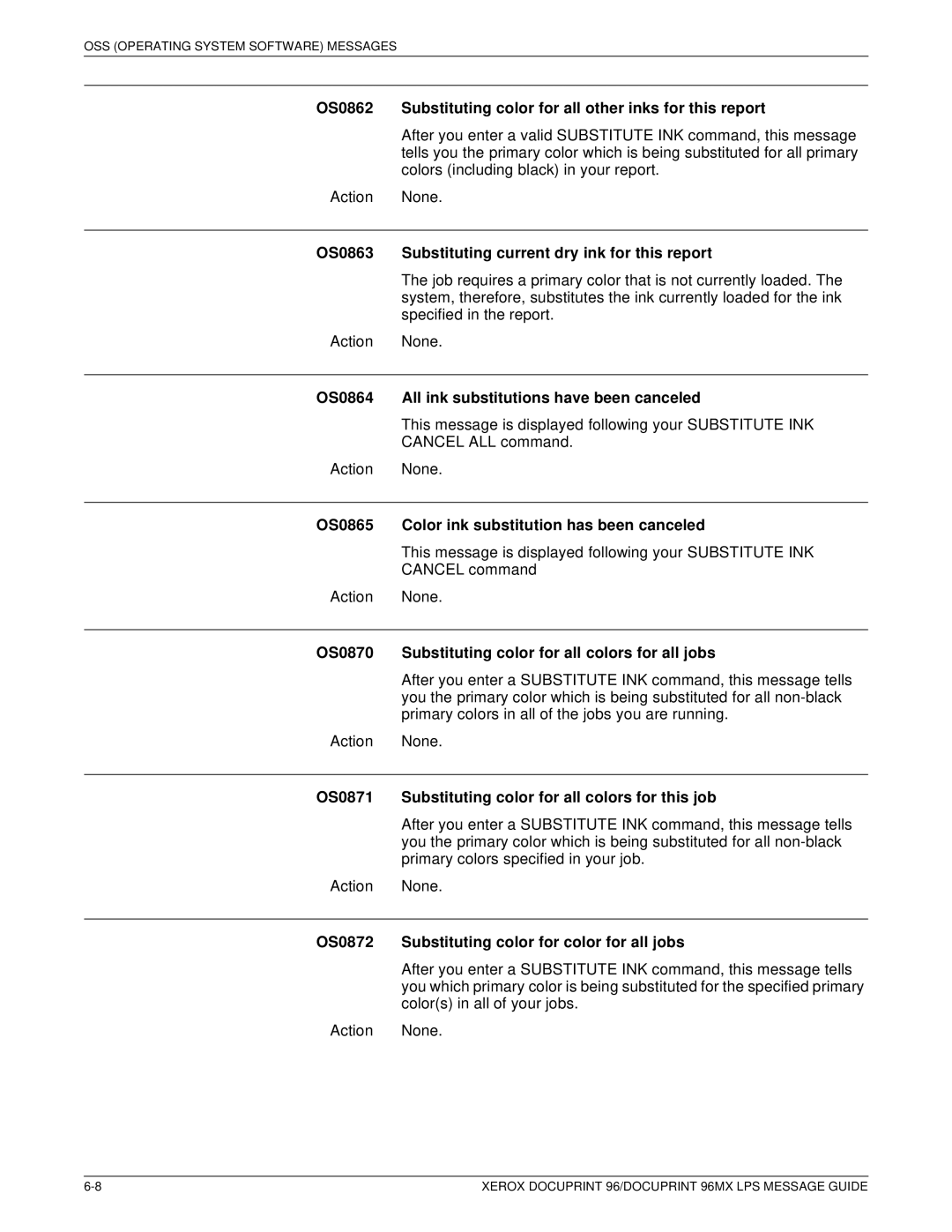 Xerox DocuPrint 96MX OS0863 Substituting current dry ink for this report, OS0864 All ink substitutions have been canceled 