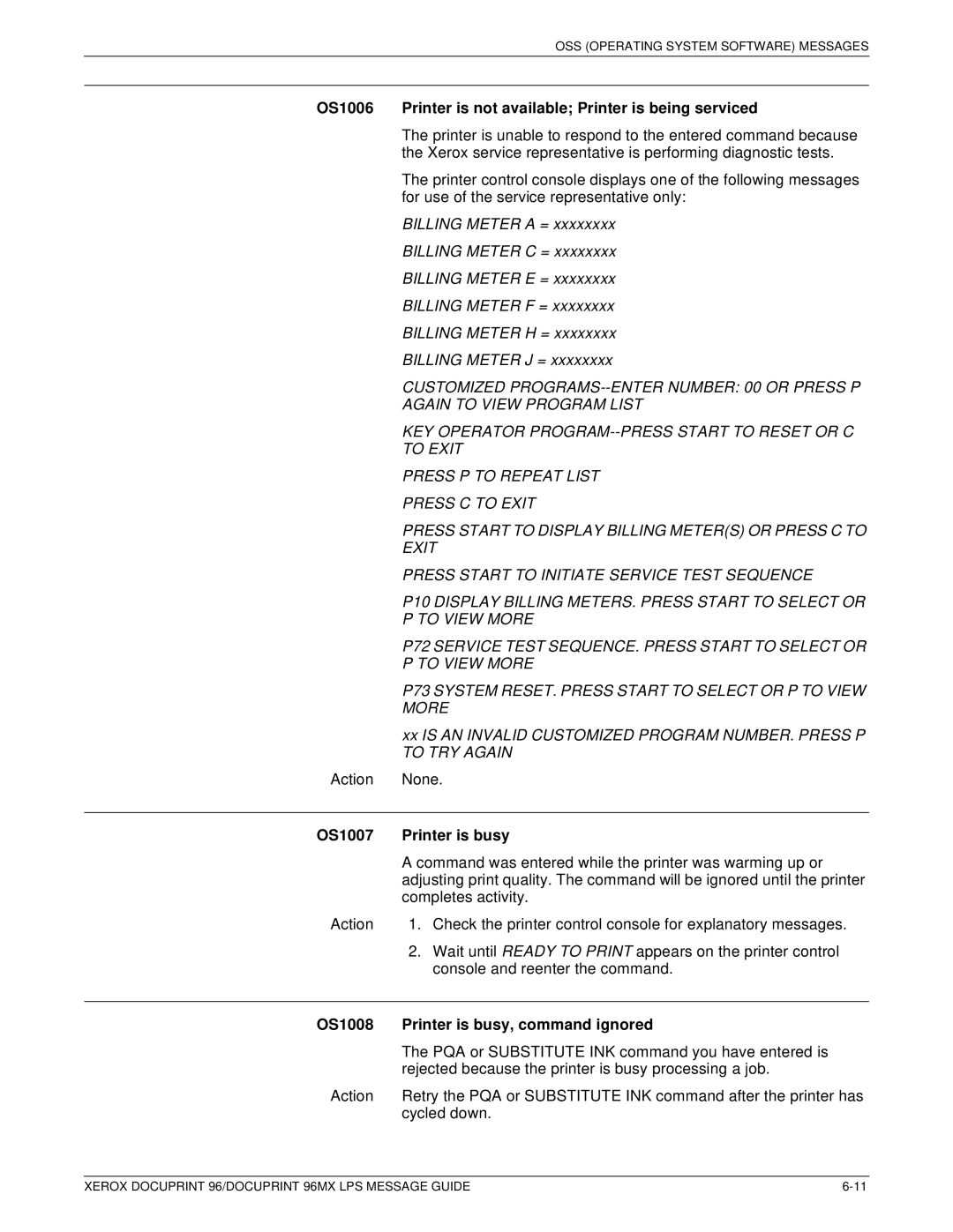 Xerox DocuPrint 96MX manual OS1006 Printer is not available Printer is being serviced, OS1007 Printer is busy 