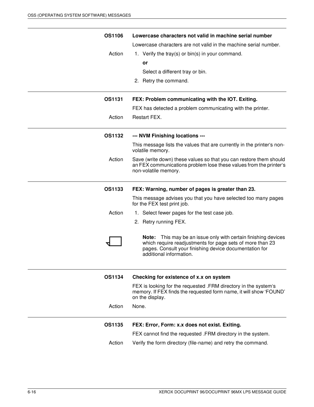 Xerox DocuPrint 96MX manual OS1131 FEX Problem communicating with the IOT. Exiting, OS1132 NVM Finishing locations 