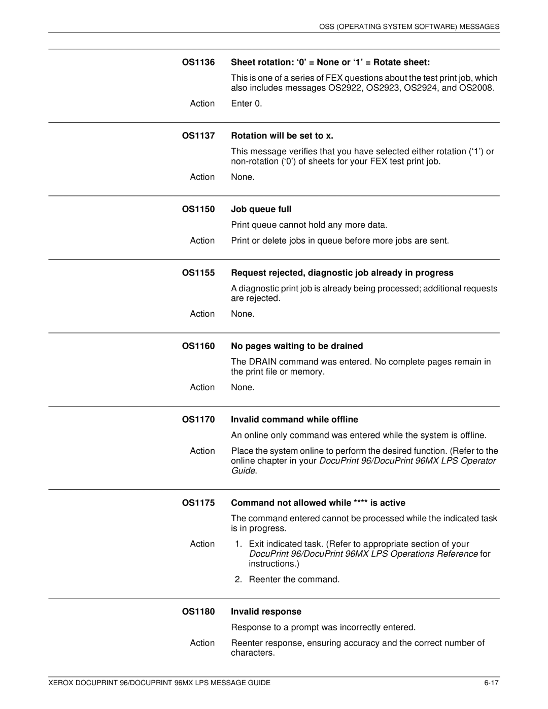 Xerox DocuPrint 96MX manual OS1136 Sheet rotation ‘0’ = None or ‘1’ = Rotate sheet, OS1137 Rotation will be set to 