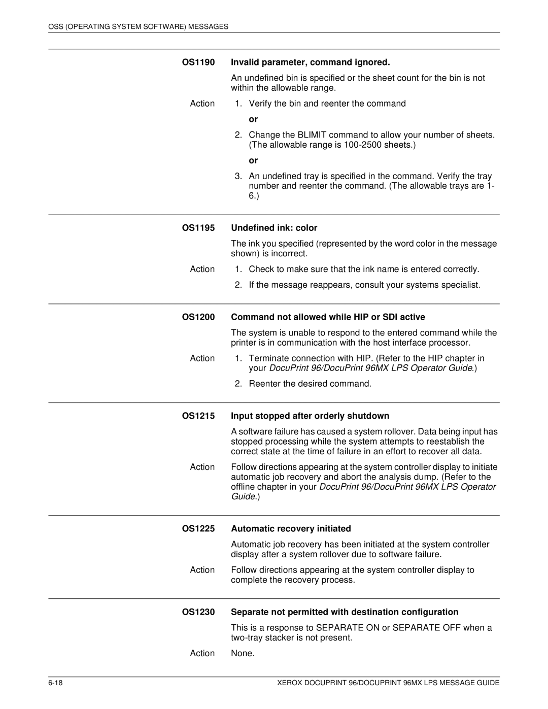 Xerox DocuPrint 96MX manual OS1190 Invalid parameter, command ignored, OS1195 Undefined ink color 