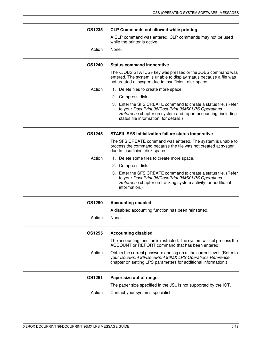 Xerox DocuPrint 96MX manual OS1235 CLP Commands not allowed while printing, OS1240 Status command inoperative 