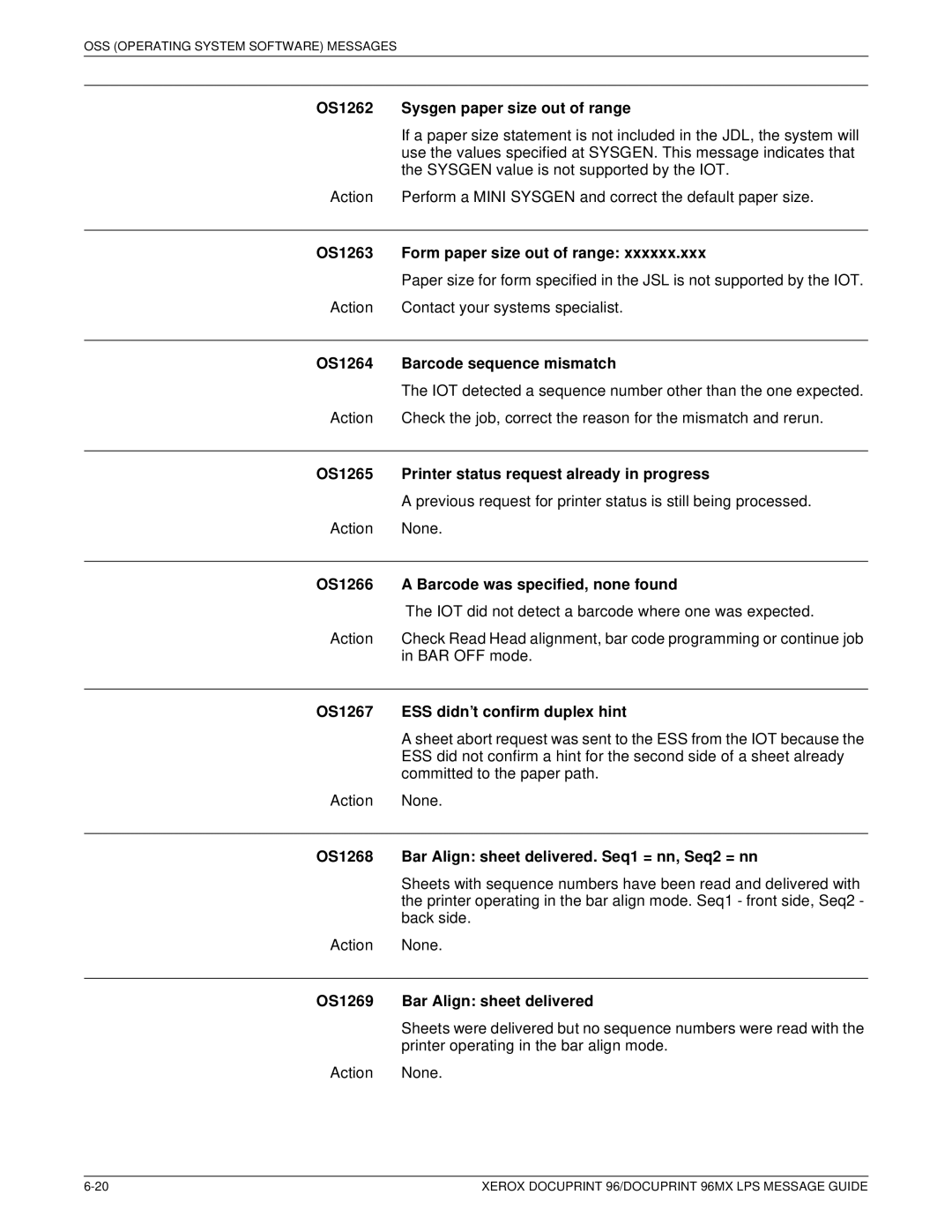 Xerox DocuPrint 96MX manual OS1262 Sysgen paper size out of range, OS1263 Form paper size out of range 