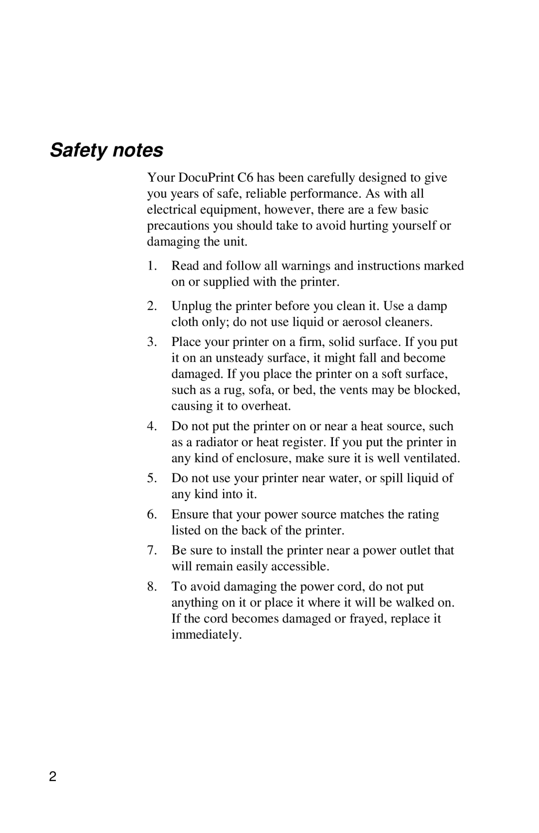 Xerox DocuPrint C6 manual Safety notes 