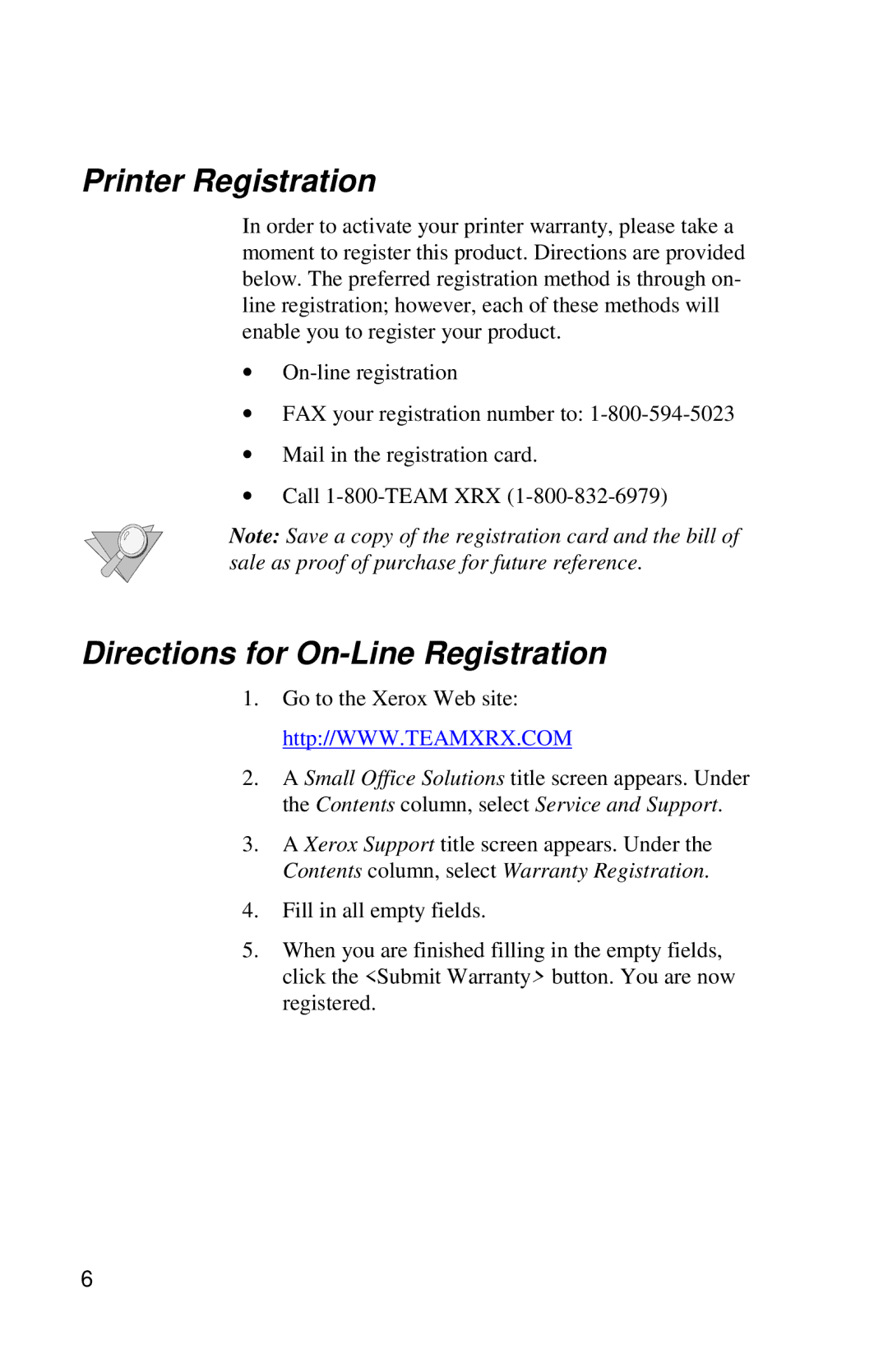 Xerox DocuPrint C6 manual Printer Registration, Directions for On-Line Registration 