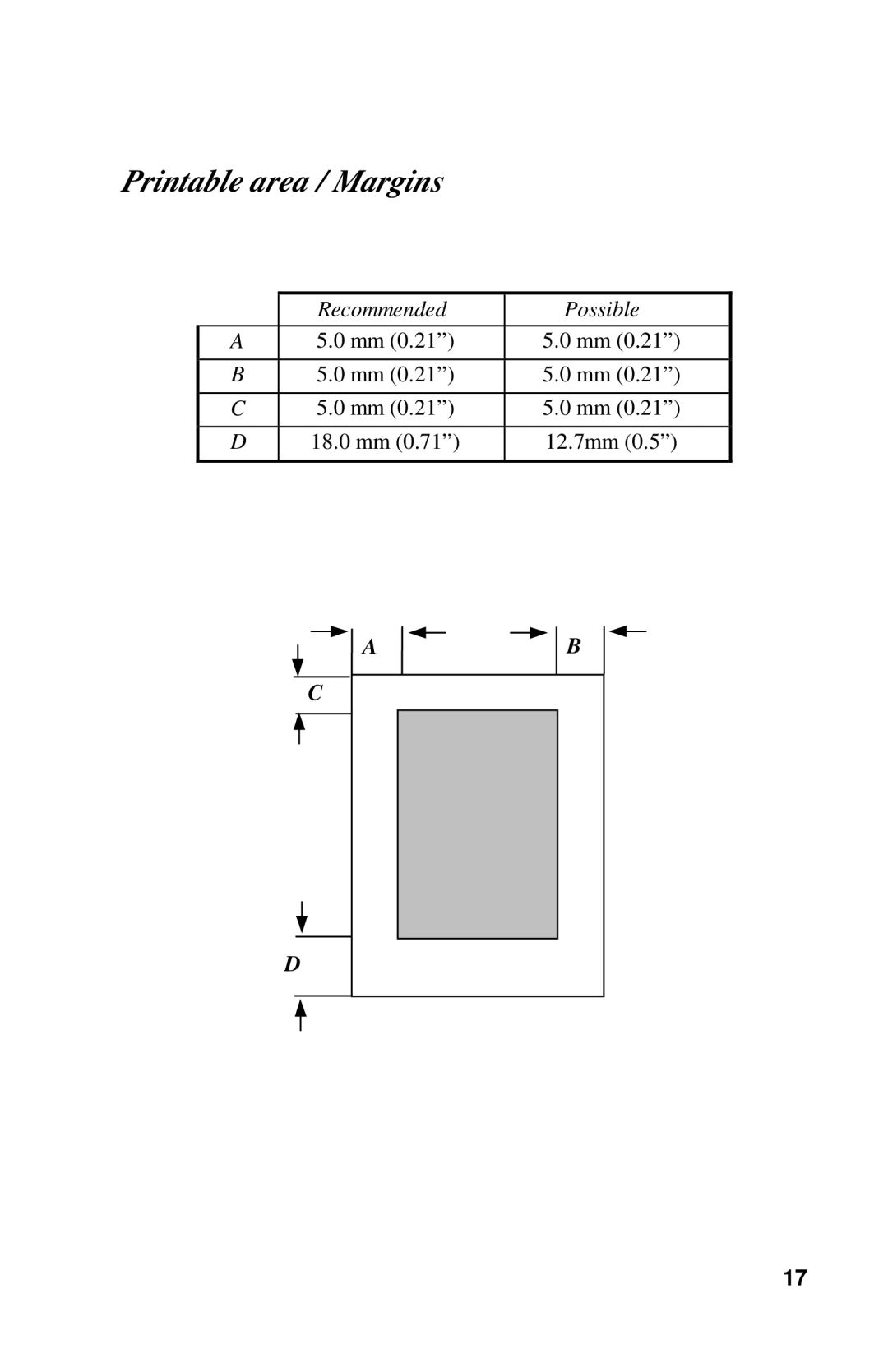 Xerox DocuPrint C6 manual Printable area / Margins, Recommended Possible 