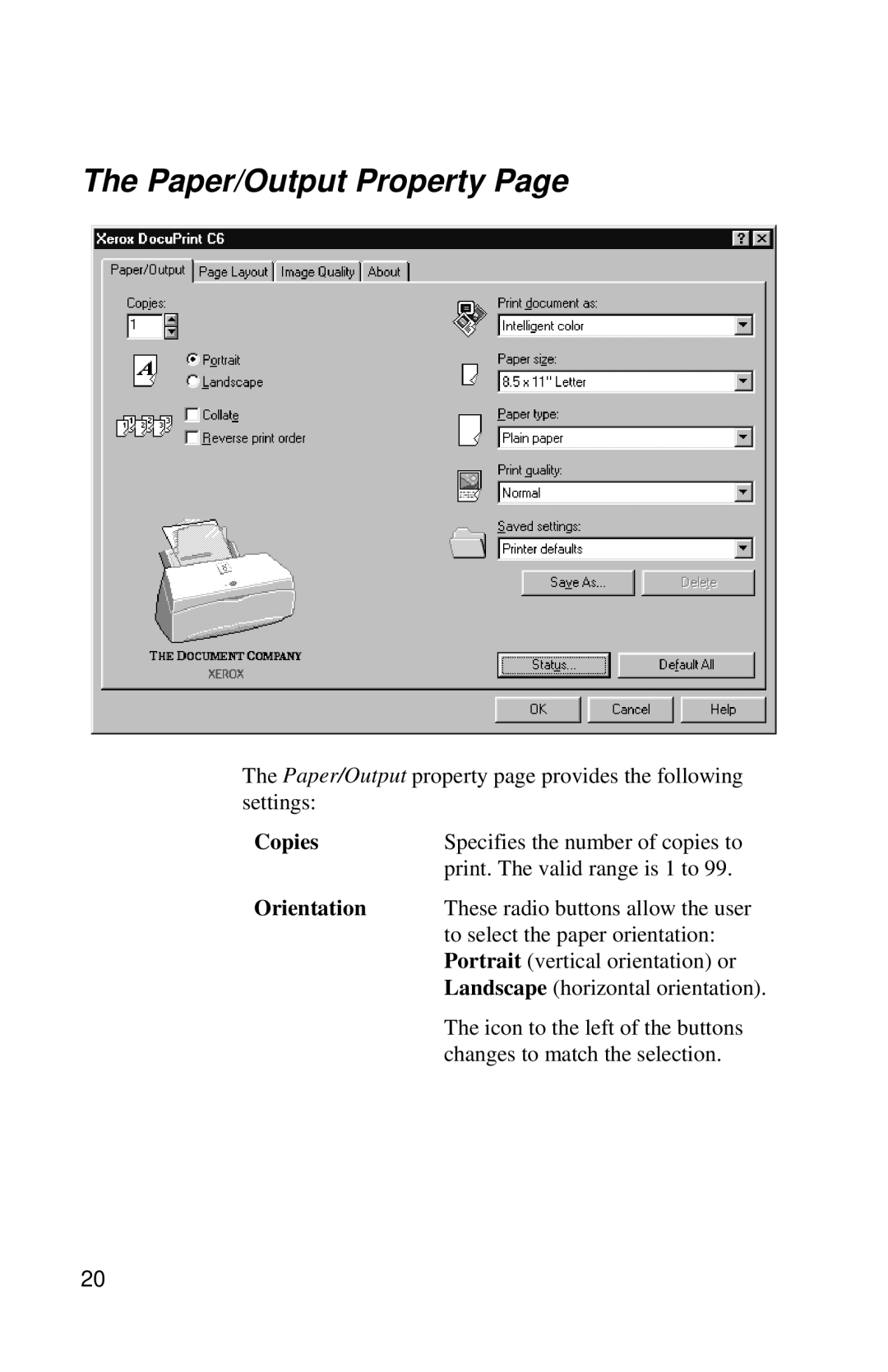 Xerox DocuPrint C6 manual Paper/Output Property, Copies, Orientation 