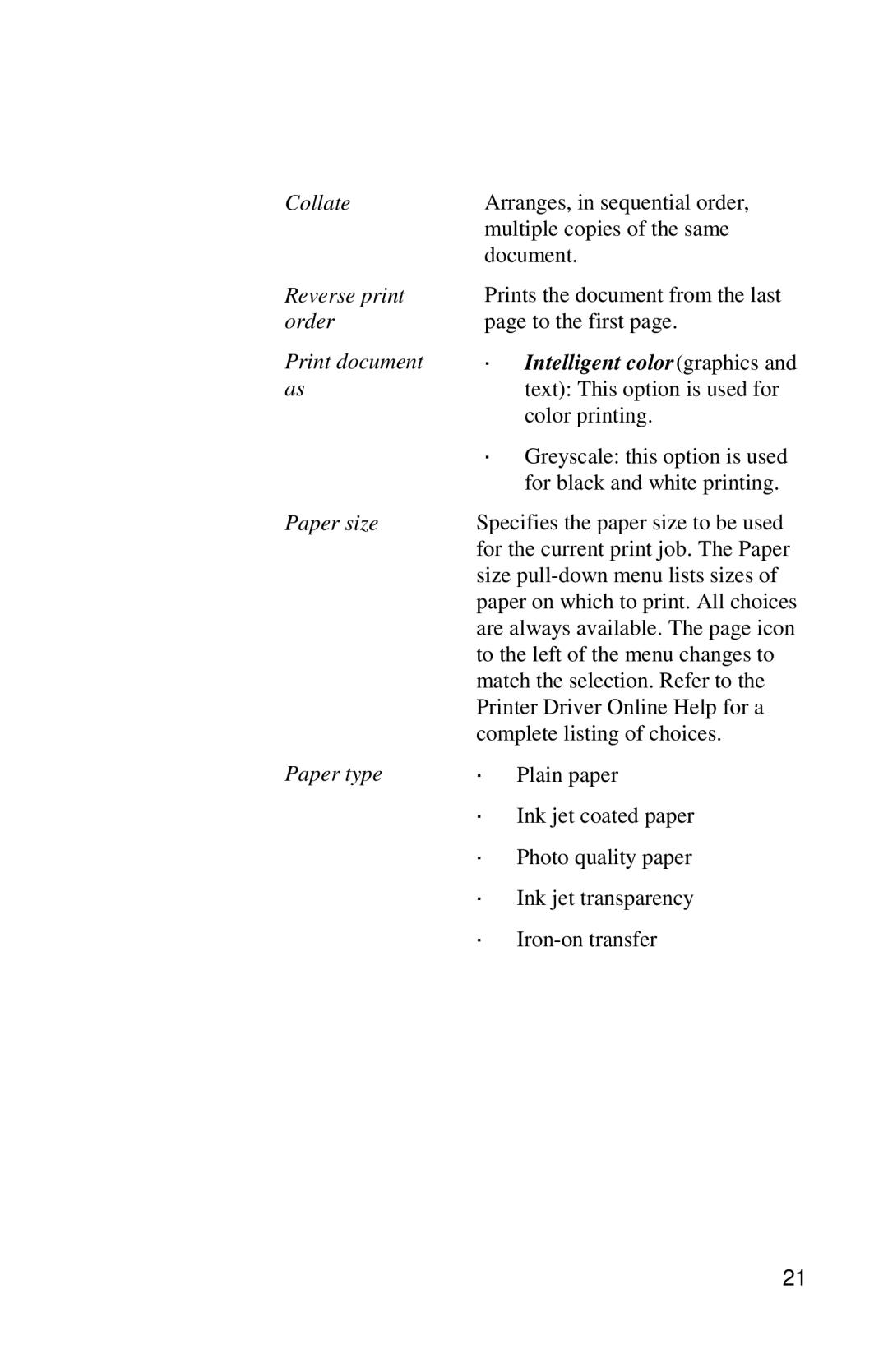 Xerox DocuPrint C6 manual Collate, Reverse print, Order, Print document, Paper size, Paper type 