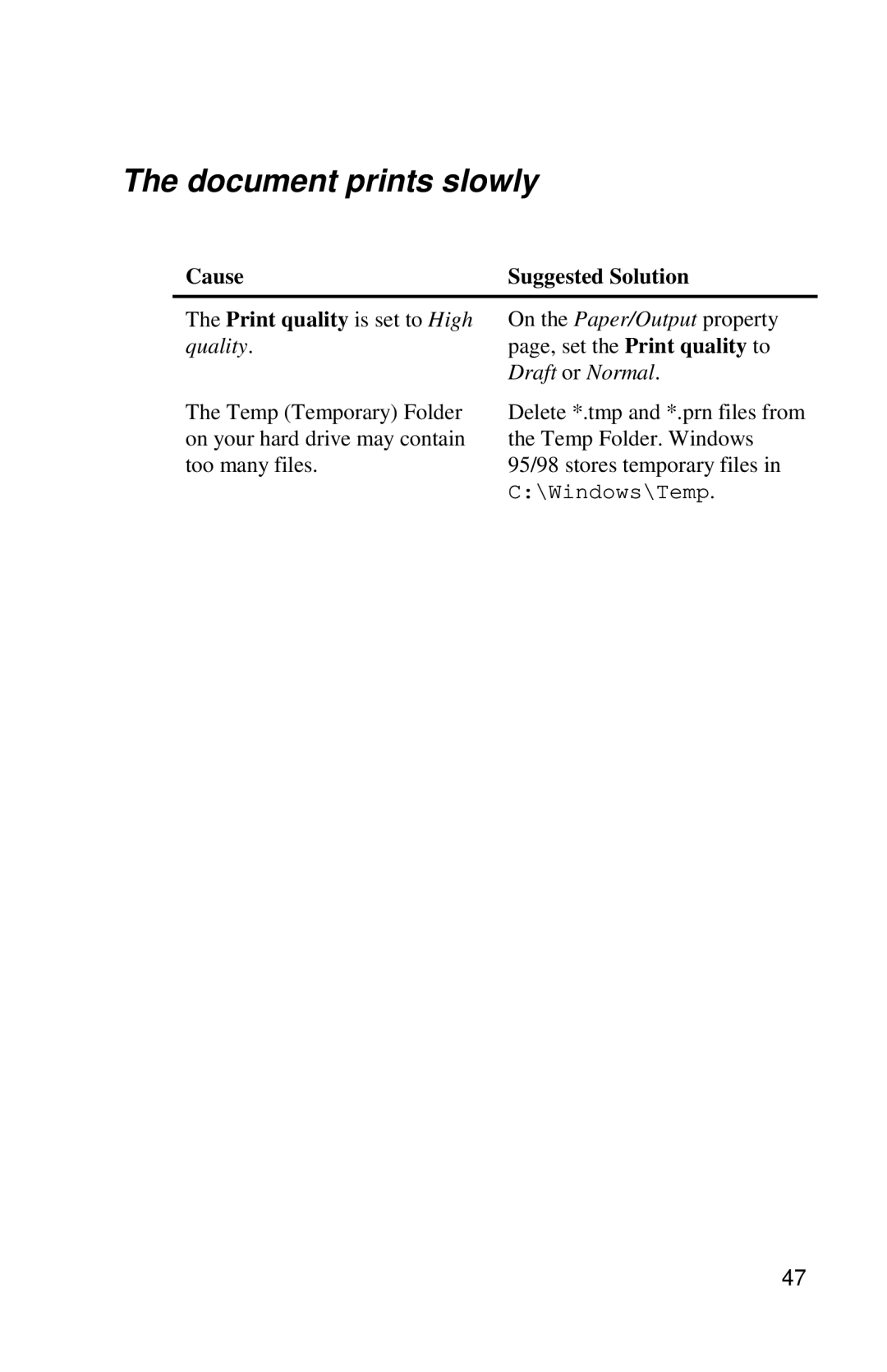 Xerox DocuPrint C6 manual Document prints slowly, Draft or Normal 