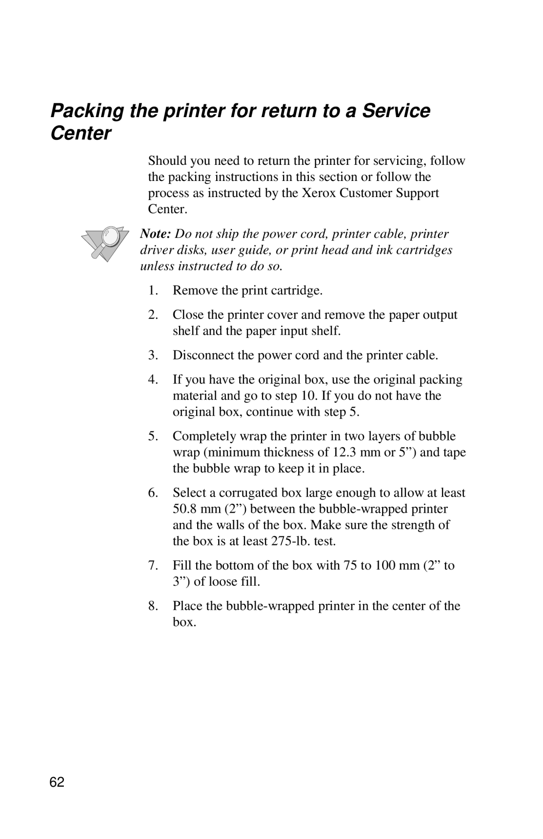 Xerox DocuPrint C6 manual Packing the printer for return to a Service Center 