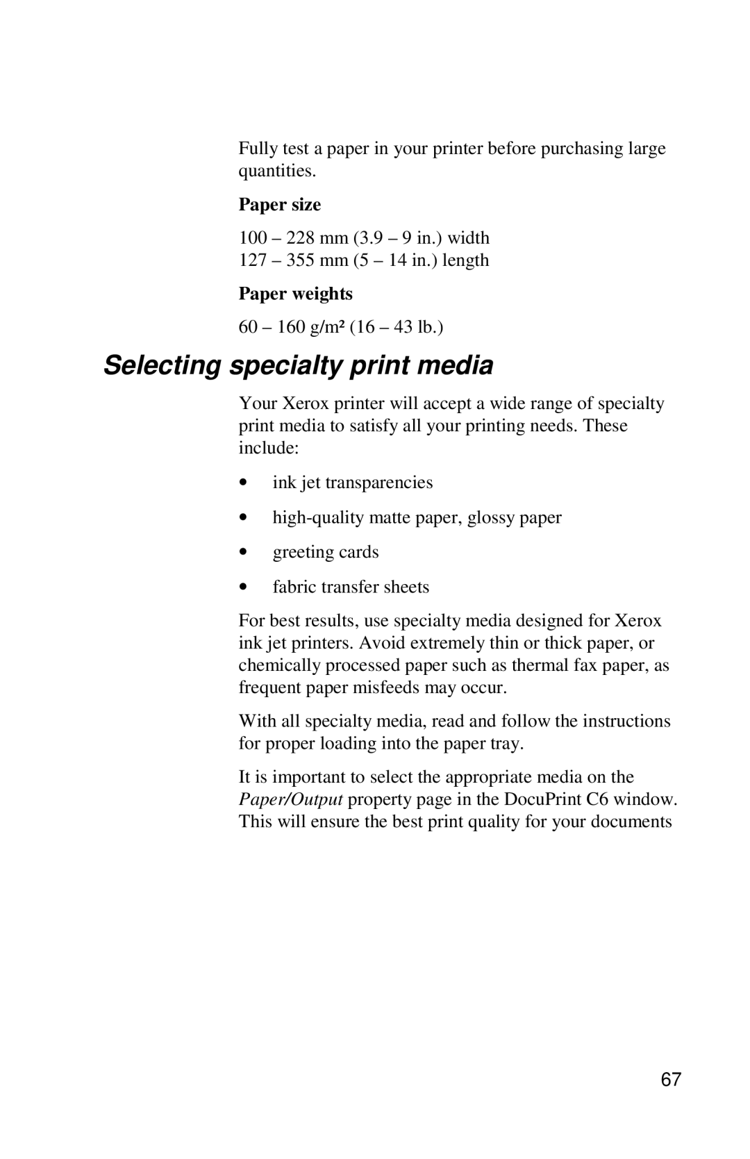 Xerox DocuPrint C6 manual Selecting specialty print media, Paper weights 