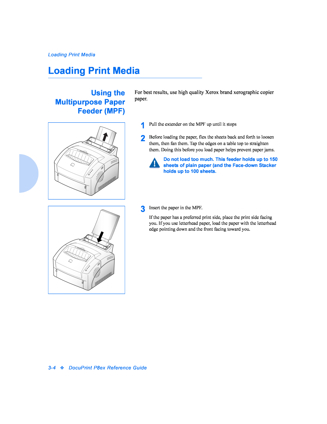 Xerox manual Loading Print Media, Using the Multipurpose Paper Feeder MPF, 3-4DocuPrint P8ex Reference Guide 