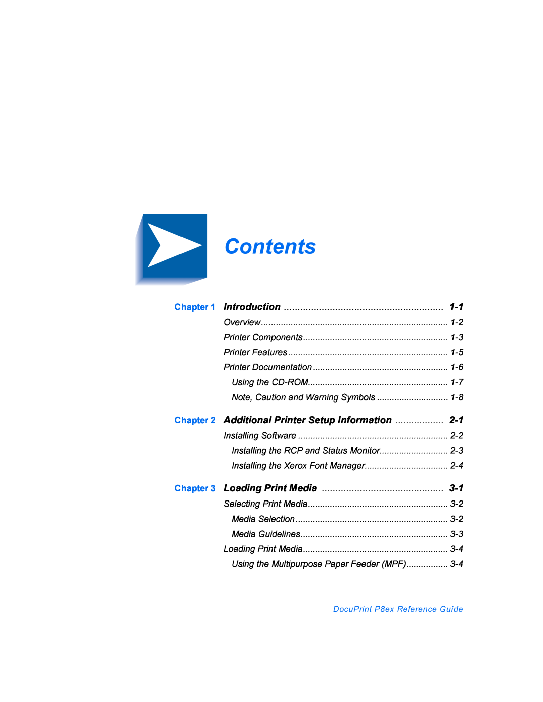Xerox DocuPrint P8ex manual Contents, Introduction, Additional Printer Setup Information, Loading Print Media 
