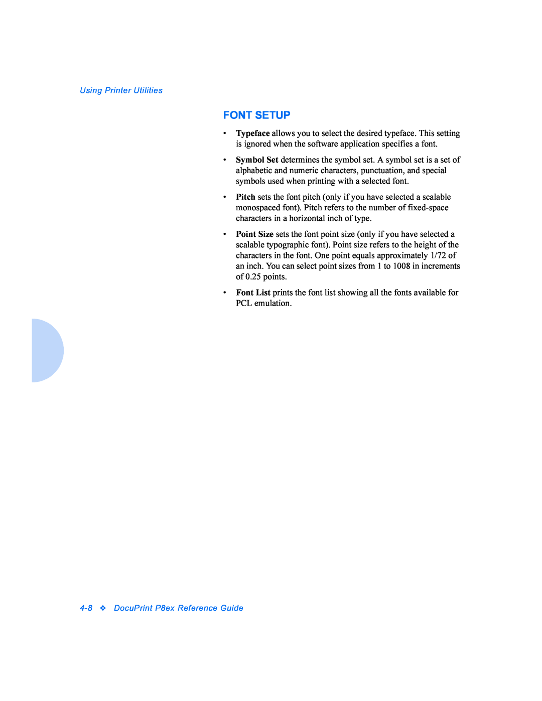 Xerox manual Font Setup, Using Printer Utilities, 4-8DocuPrint P8ex Reference Guide 