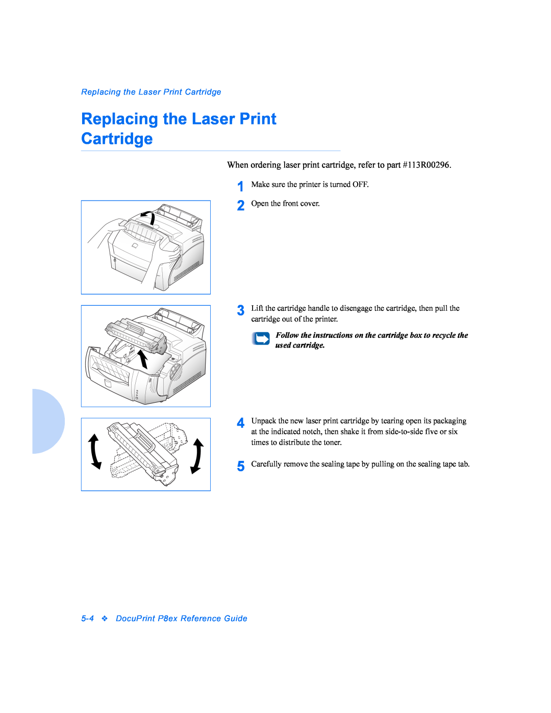 Xerox manual Replacing the Laser Print Cartridge, 5-4DocuPrint P8ex Reference Guide 