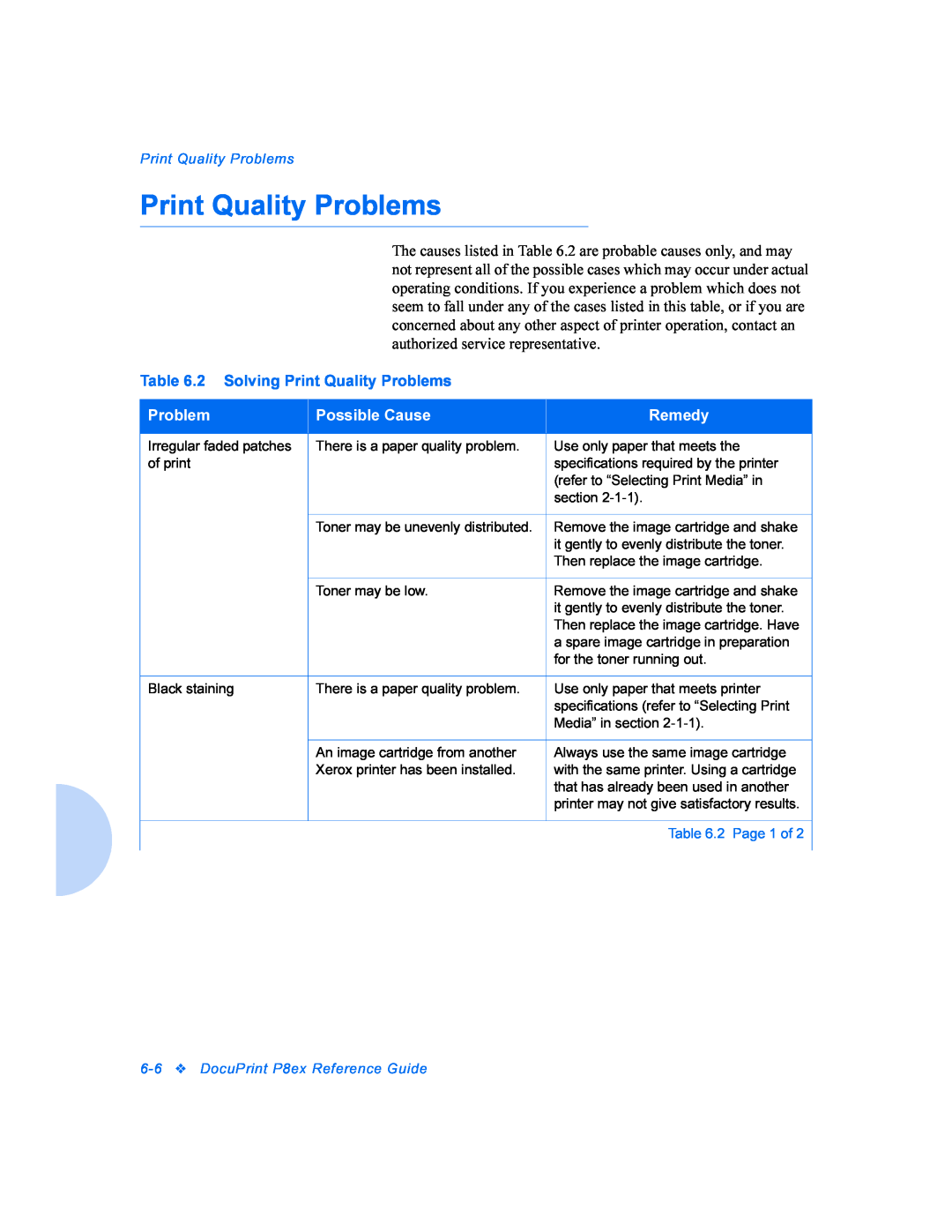 Xerox manual 2 Solving Print Quality Problems, Possible Cause, Remedy, 6-6DocuPrint P8ex Reference Guide 