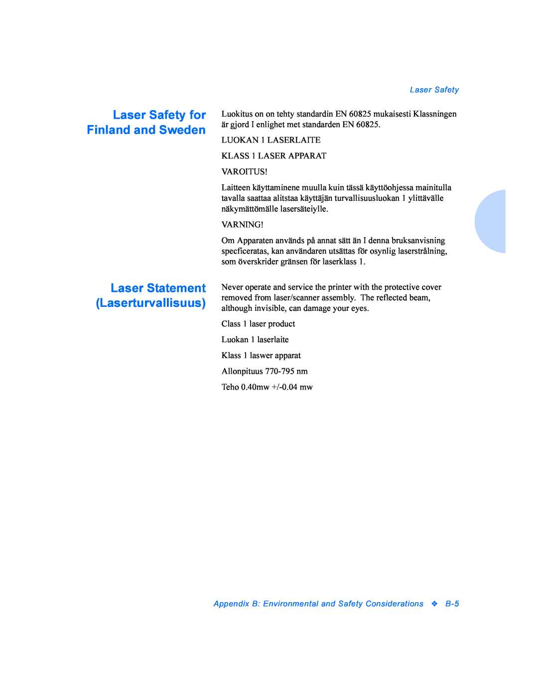 Xerox DocuPrint P8ex manual Laser Safety for Finland and Sweden, Laser Statement Laserturvallisuus 
