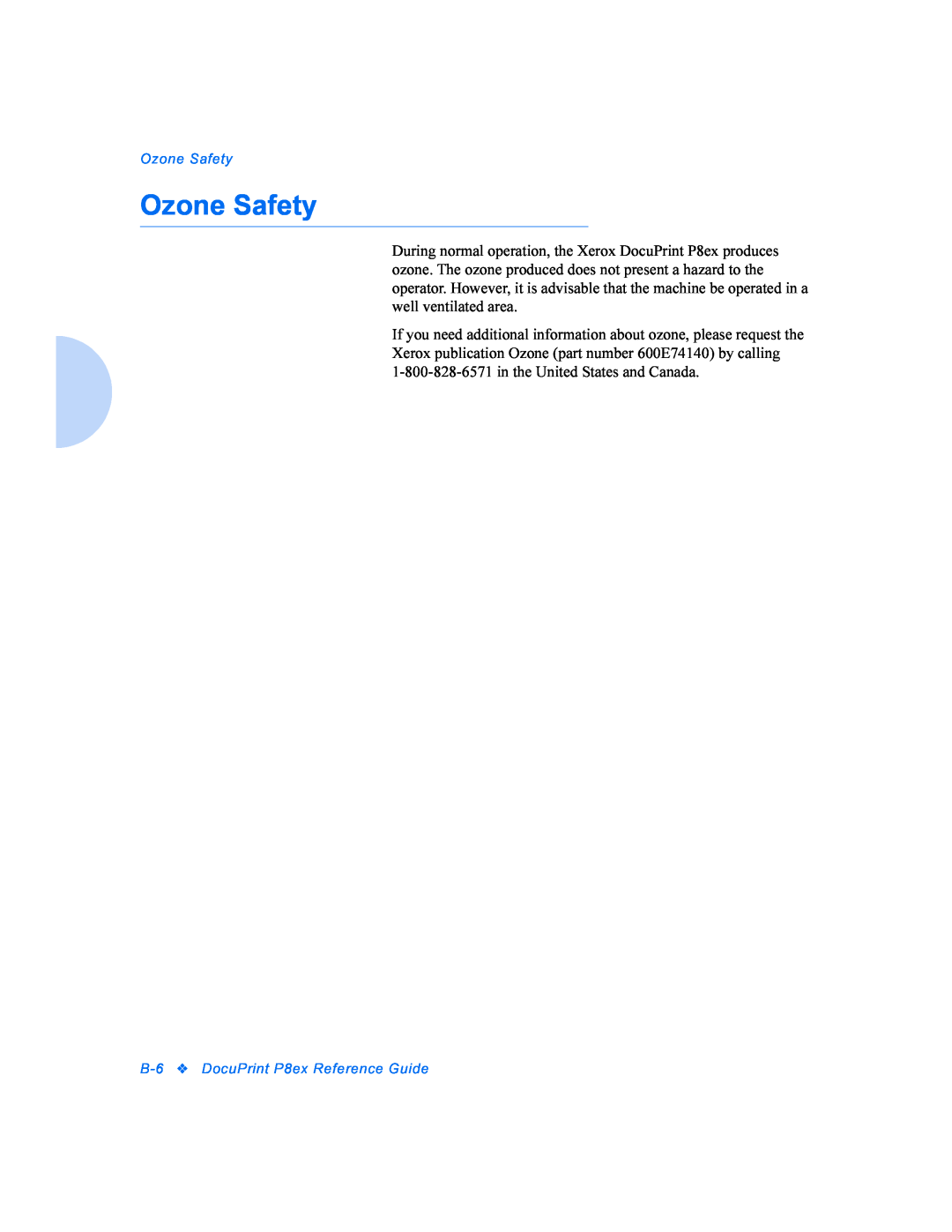 Xerox manual Ozone Safety, B-6DocuPrint P8ex Reference Guide 
