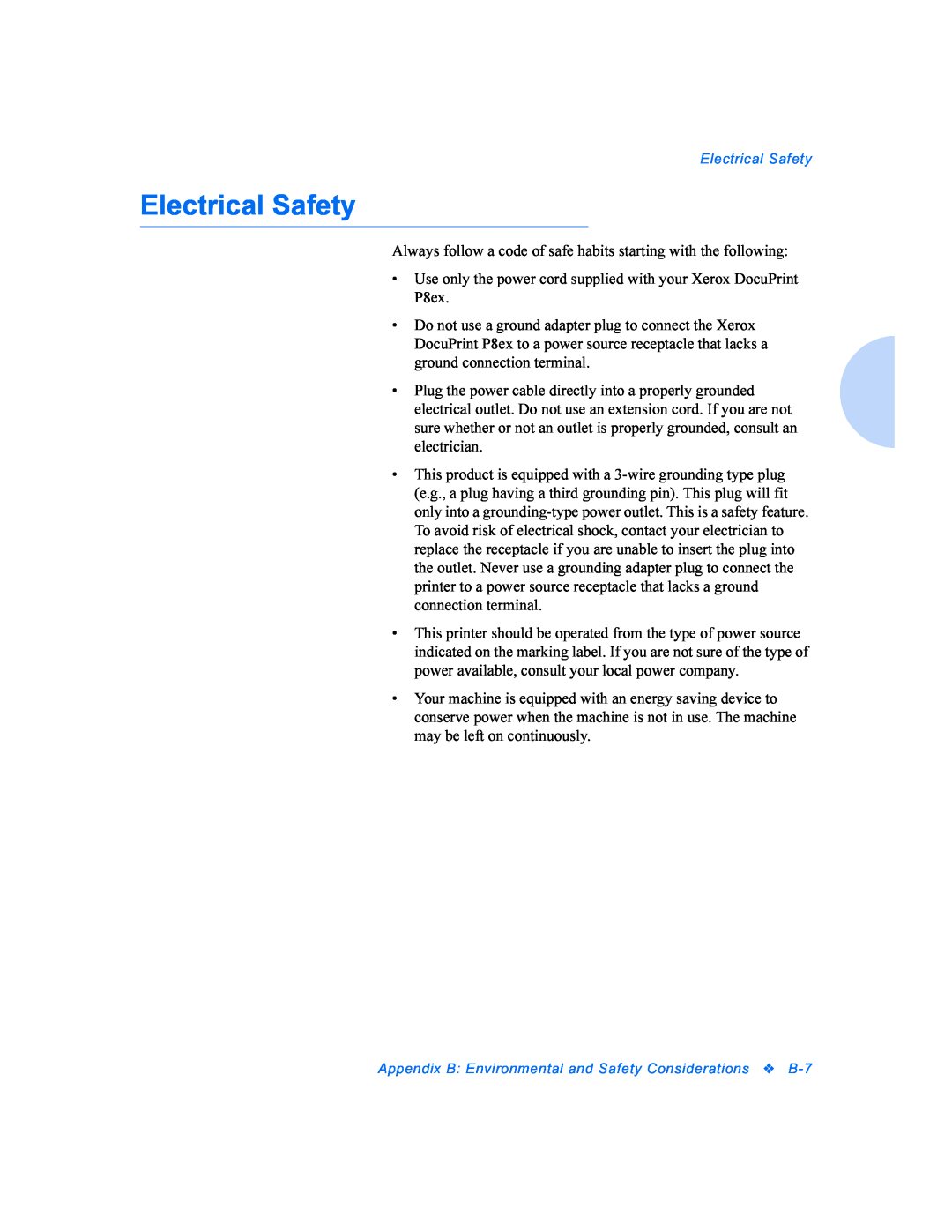 Xerox DocuPrint P8ex manual Electrical Safety 