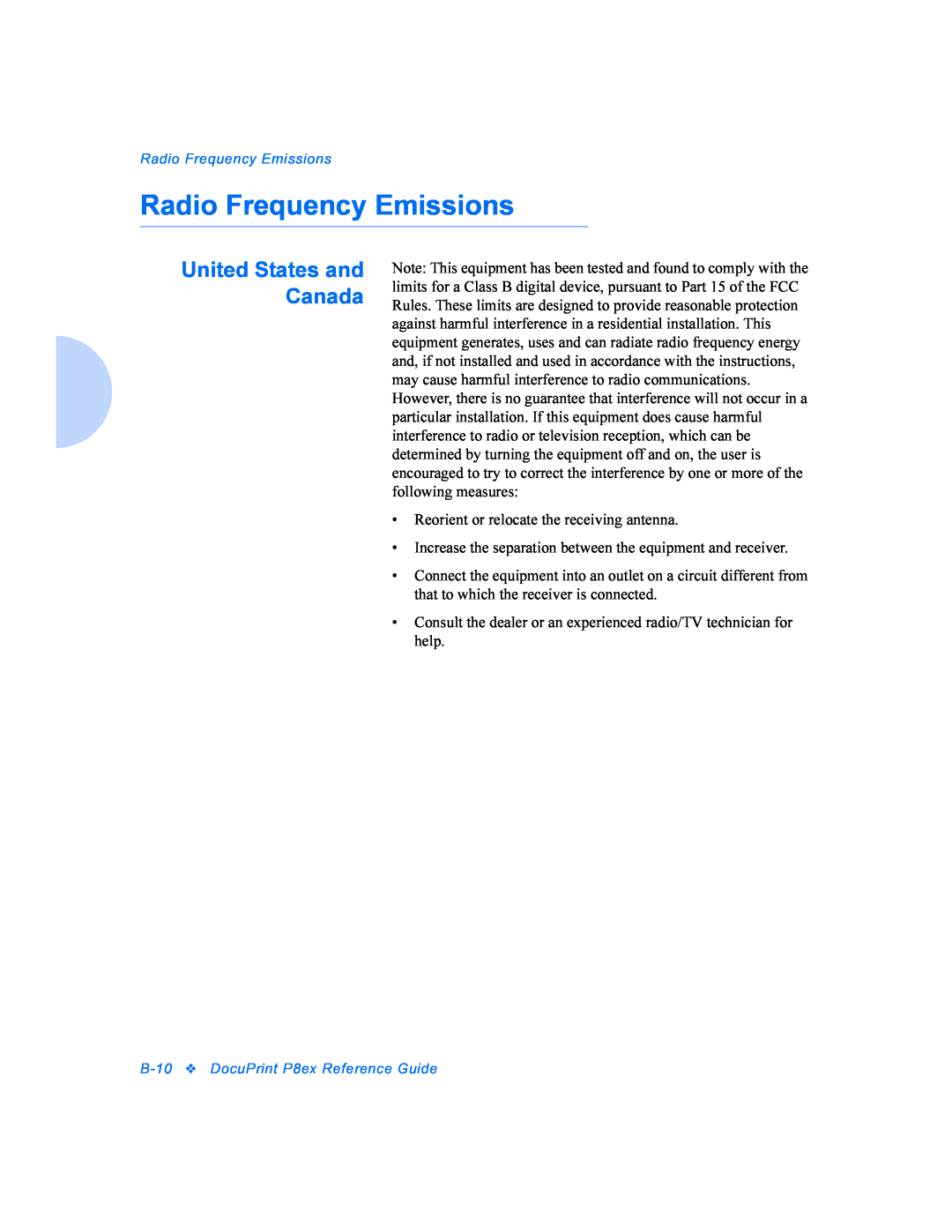 Xerox DocuPrint P8ex manual Radio Frequency Emissions, United States and Canada 