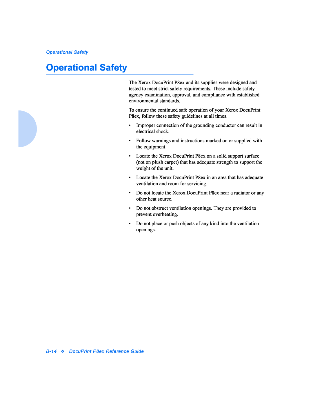 Xerox DocuPrint P8ex manual Operational Safety 